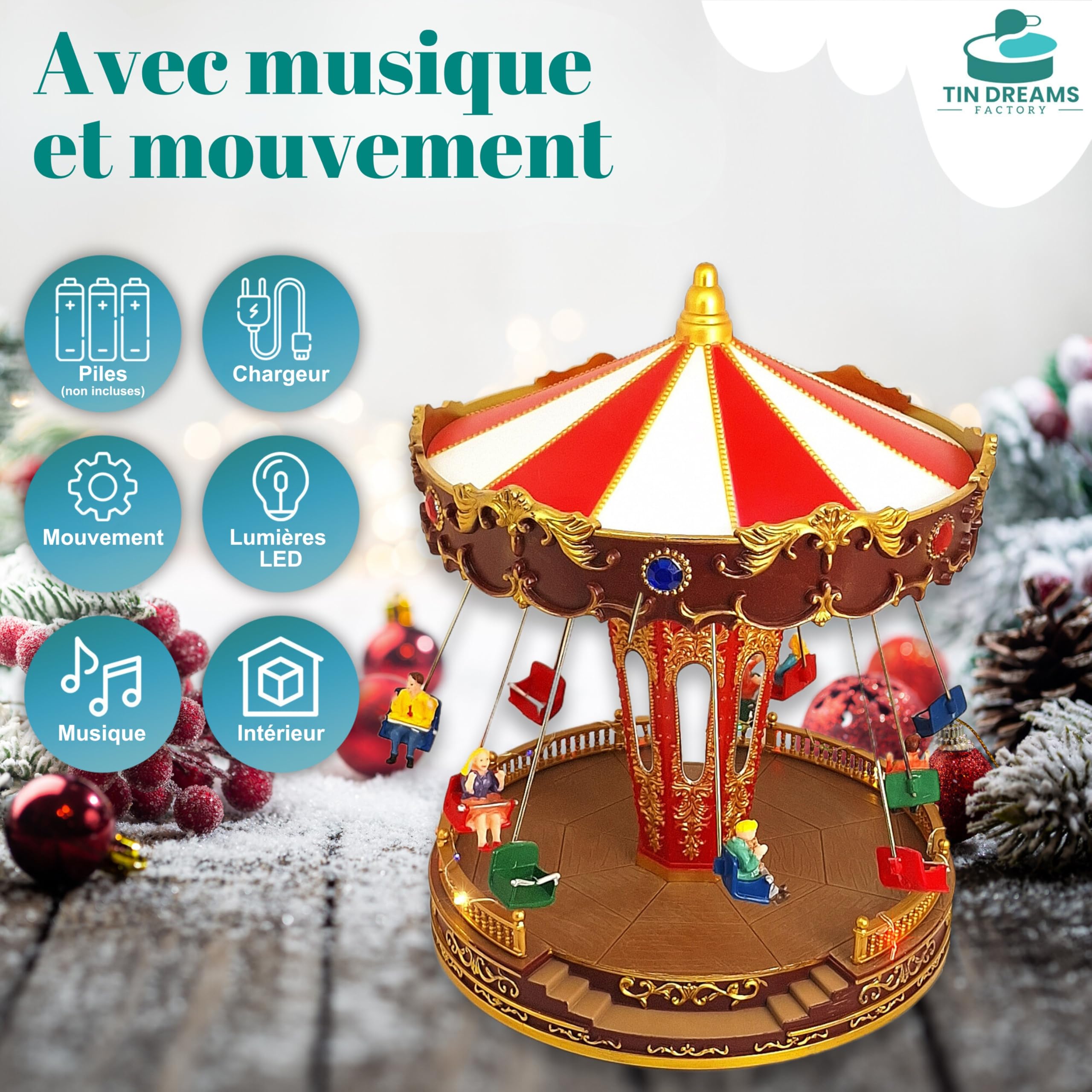 TIN Dreams | Carrousel de Noël Musical avec Mouvement, Lumières LED et Balançoires | Manège de Noël Animé | Décoration Village de Noël, Scène Miniature, Maison Illuminée | Déco Christmas Élégant