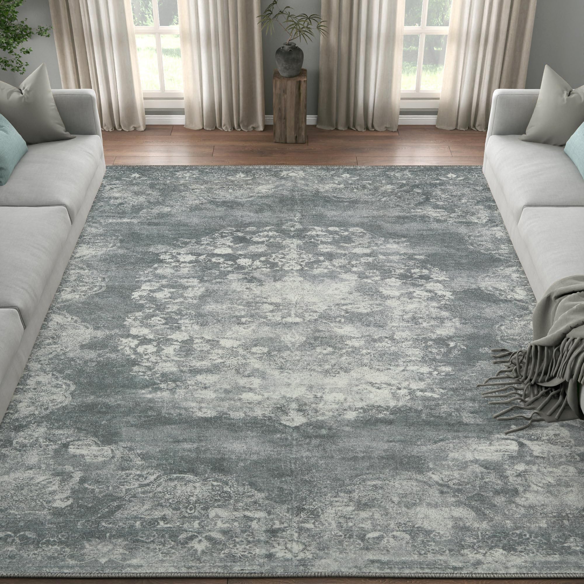 jinchan Washable Area Rug 8x10 for Living Room - Soft Faux Wool Ultra-Thin Stain Resistant Non-Slip Distressed Vintage Floral Large Carpet for Bedroom,Dining Room,Home Office,Nursery(Grey, 8'x10')
