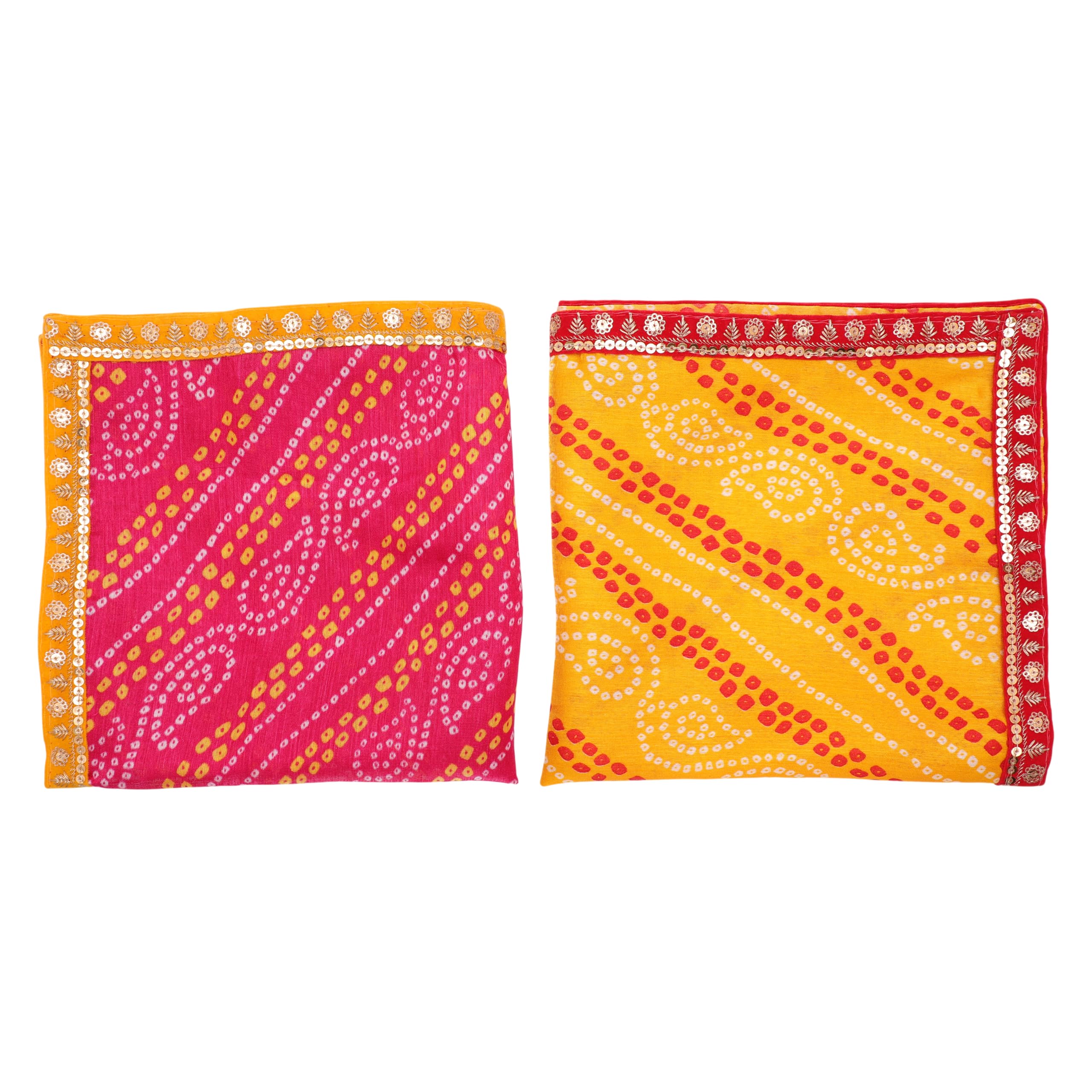 Set of 2 Decorative Mat Aasan Large Pooja Cloth Decorative Cloth For Ganesha (Size:-18 Inches X 18 Inches) for Indian Traditional Multipurpose Pooja Decorations Item & Article(Yellow, Pink)