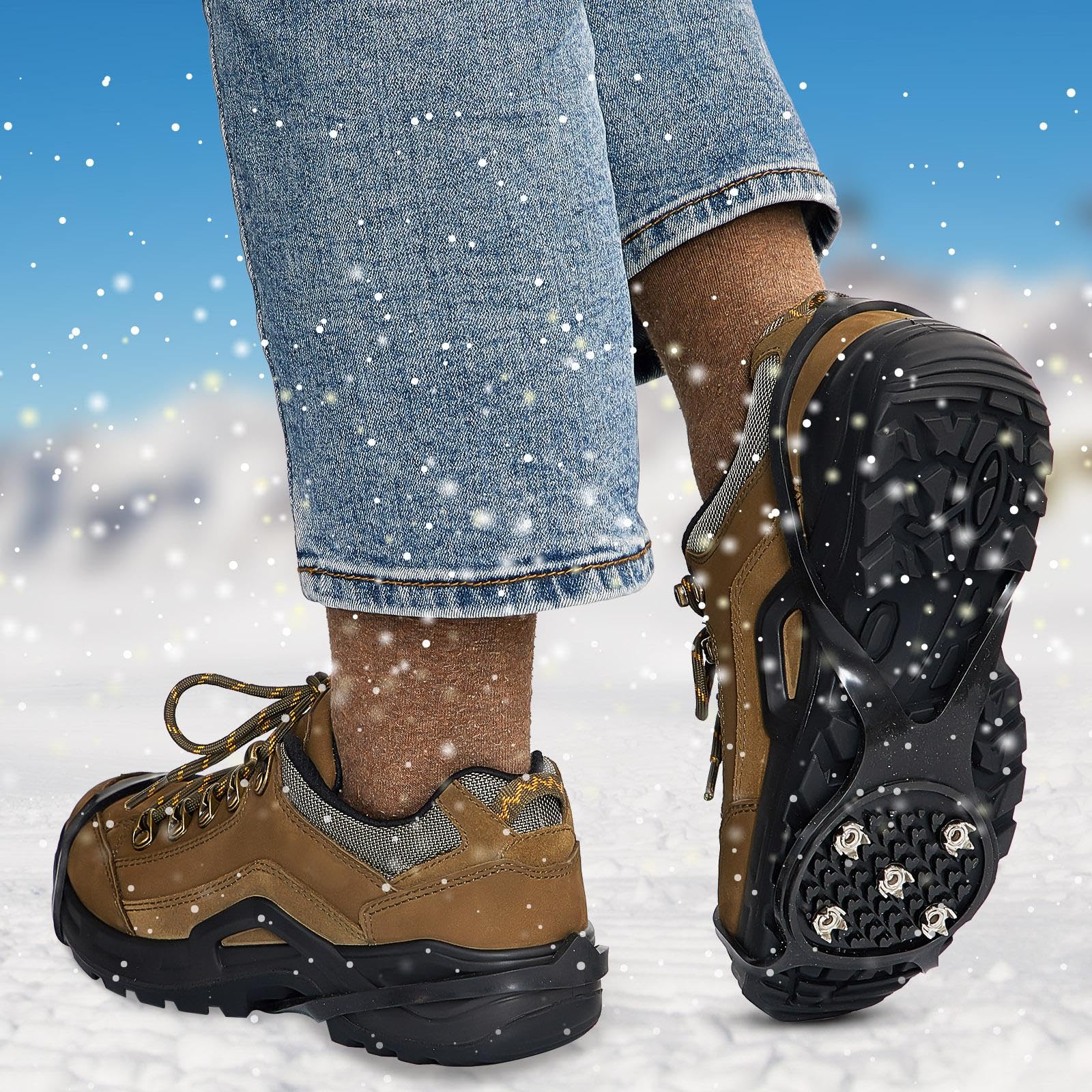 Syhood Lot de 6 paires de crampons à glace antidérapants avec 5 crampons de traction universels pour la neige, la randonnée, la pêche