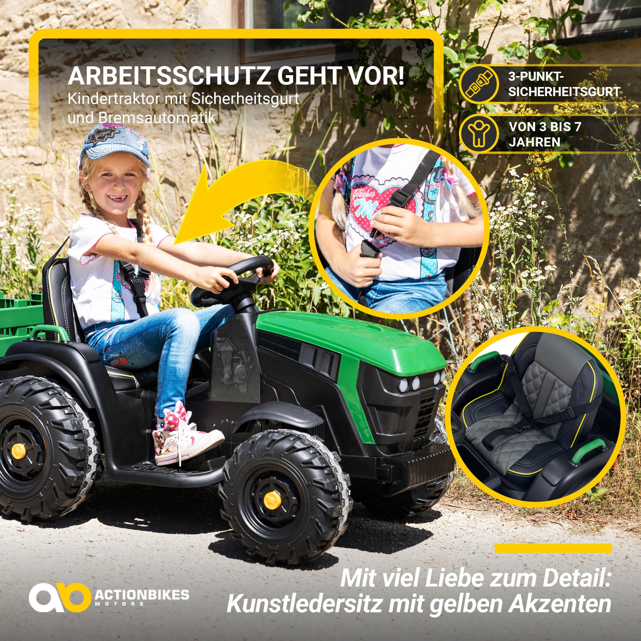 Actionbikes Motors Kinder Elektroauto TD925 | Fernbedienung mit First Funktion - Kinderauto elektrisch - Traktor mit Anhänger - Bulldog - Kindertraktor - Elektro Traktor ab 3 Jahre (Grün/Schwarz)