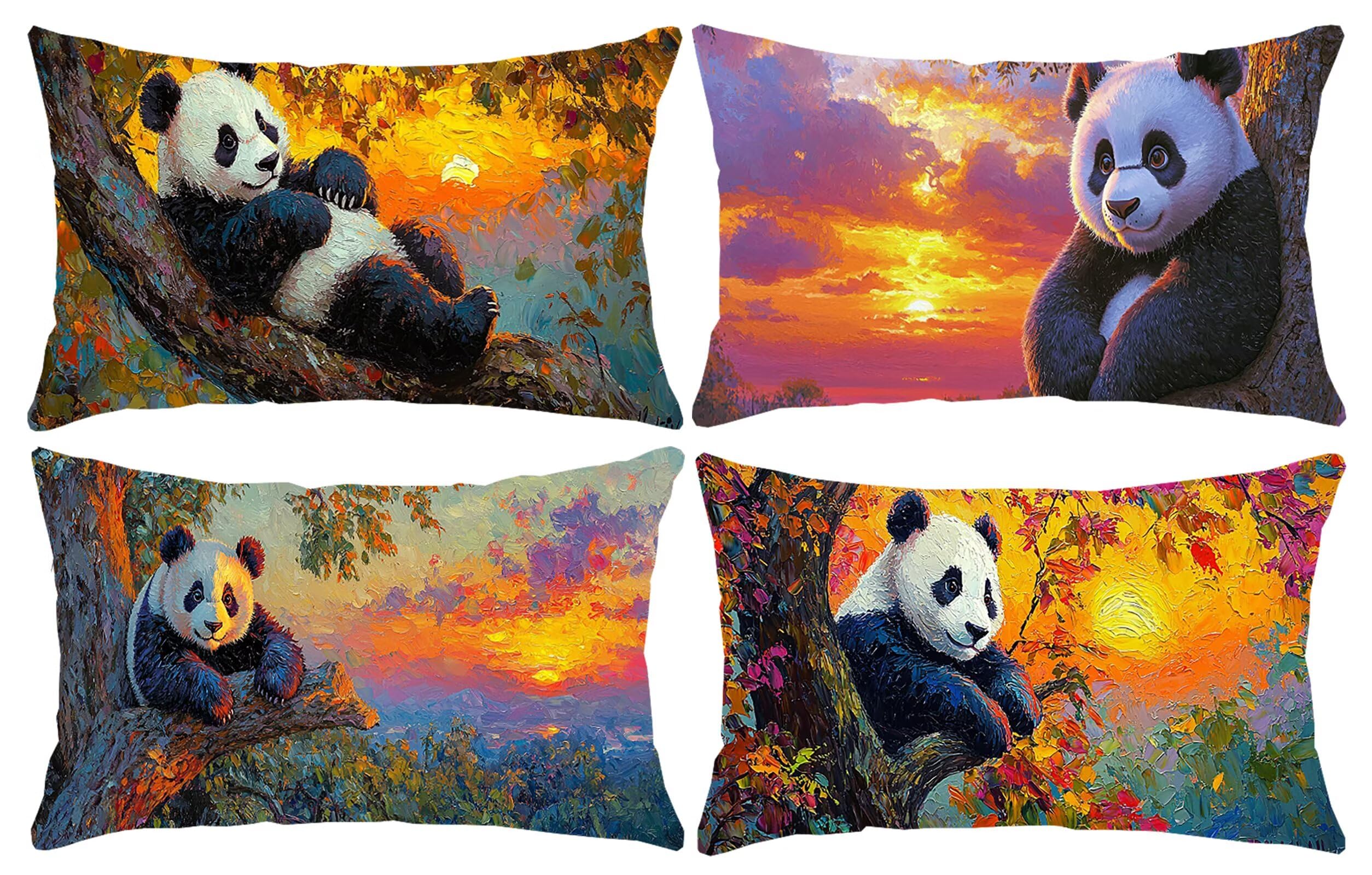 Juego de 4 Rectangular Funda de Cojines Exterior Impermeable Fundas de Almohada Sofa Cojines Terciopelo Decorativos Panda del atardecer Patrón Decorativos Moderna para Jardín Sofá Silla 40x80cm y-806