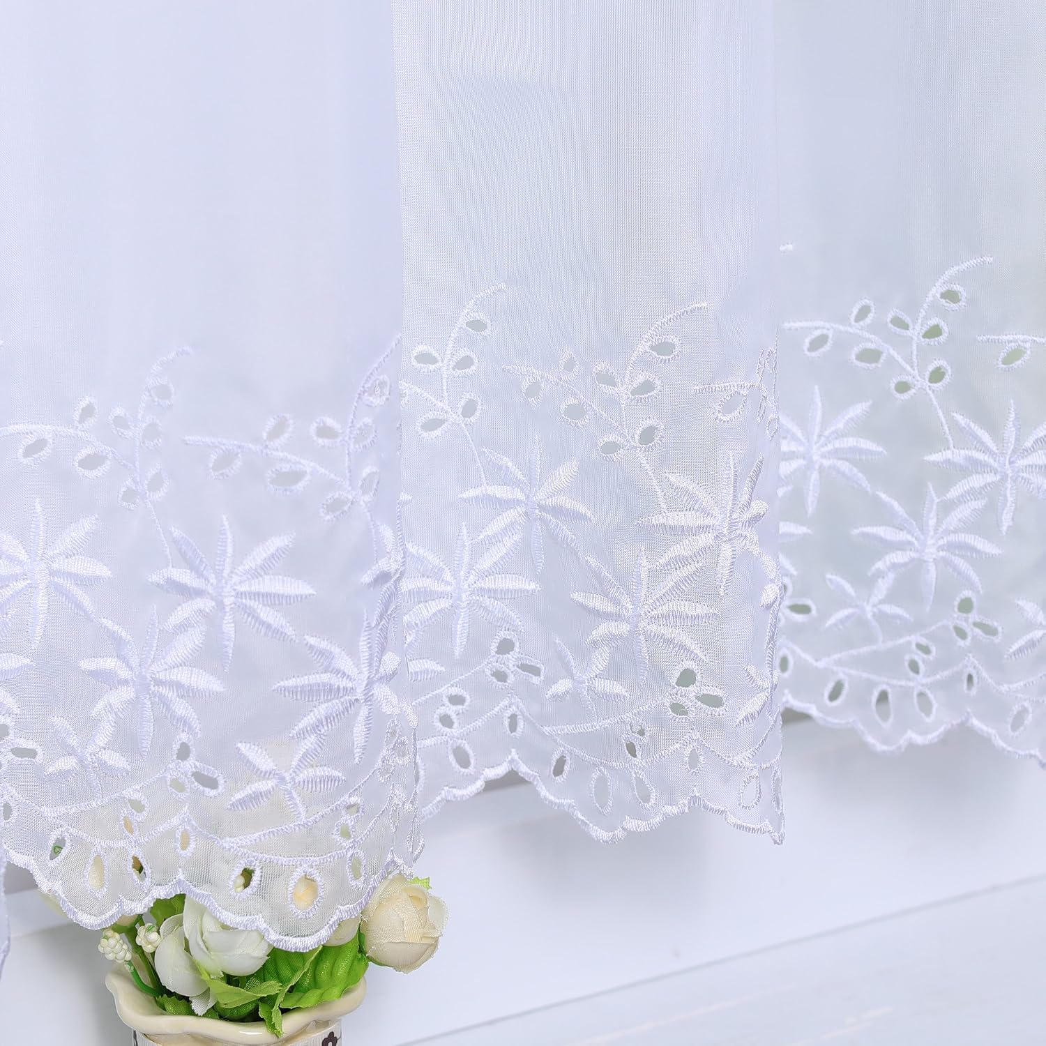 Joyswahl Net Curtain Voile Bistro Curtains Window Net with Perforated Strip Jasmine Short Curtain H 60 x W 120 cm White Pack of 1 - Image 4