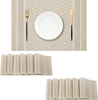 Leetaltree Stardust Yellow Placemats Set of 12 - Heat Resistant Non-Slip Place mats for Dining Table, Washable Durable PVC Vinyl Woven Table Mats（Stardust Yellow, 12）