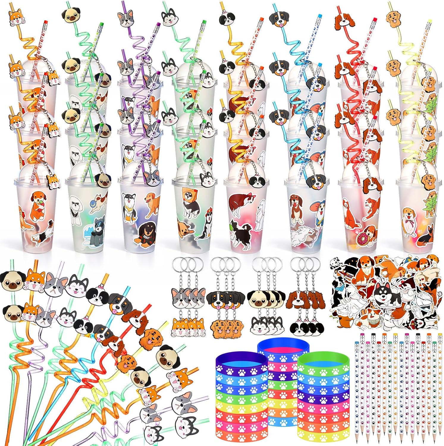 194 Pcs Dog Party Favors Goody Cup Fillers, Dog Birthday Party Decorations Straws Keychains Pencils Bracelets for 100th Day of School Puppy Parties Supplies, Goodie Bag Supplies