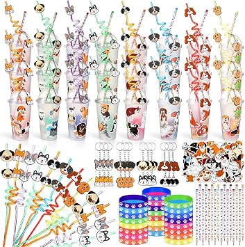 194 Pcs Dog Party Favors Goody Cup Fillers, Dog Birthday Party Decorations Straws Keychains Pencils Bracelets for 100th Day of School Puppy Parties Supplies, Goodie Bag Supplies