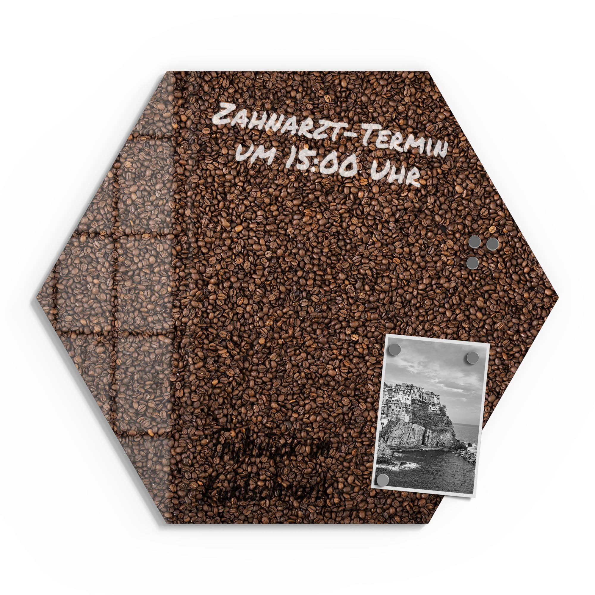 DEQORI Szklana tablica magnetyczna | sześciokątny rozmiar 55 x 47,6 cm | motyw "Kawa ziarnista morza" | tablica memo ze szkła | tablica magnetyczna z magnesami, długopisem i ściereczką do kuchni i