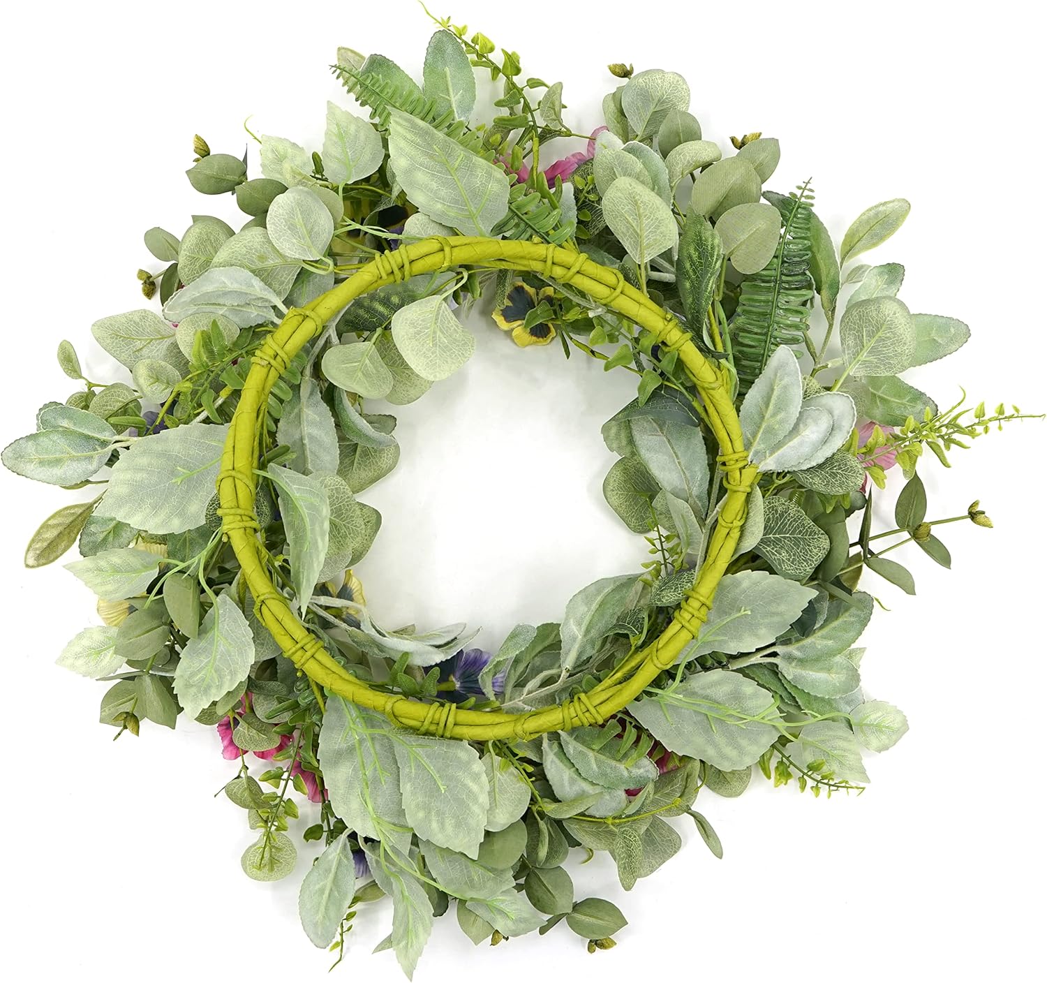 Artificial Spring Summer Wreath with Pansy Flowers,Flocked Lamb Ear Leaves,Eucalyptus Leaves,Fern Branches for Front Door Indoor Outdoor Farmhouse Wall Holiday Decor, White Gift Box Included
