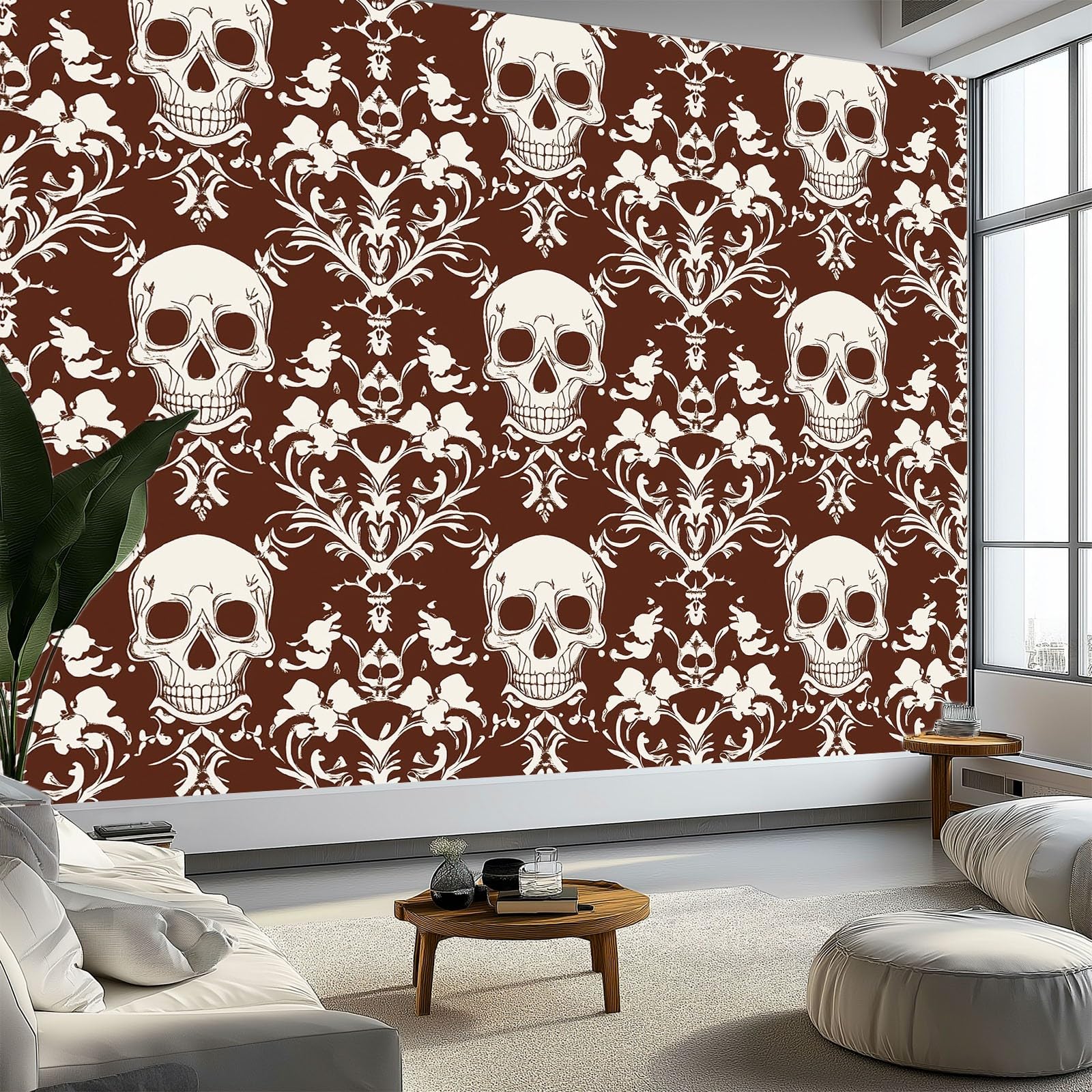 350 x 256 cm, fototapeta z efektem 3D, gotycka czaszka kwiatów, fototapety do salonu, sypialni, tapeta na flizelinie, tapeta ścienna, szara