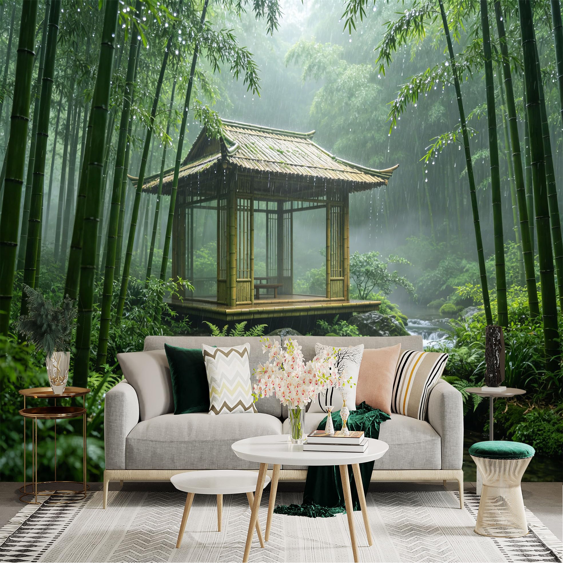 Custom Size Wall Sticker Mural， Bamboo Forest with Japanese Pavilion and Flowing Stream， for wall Decoration， peelandstick wall Decals.