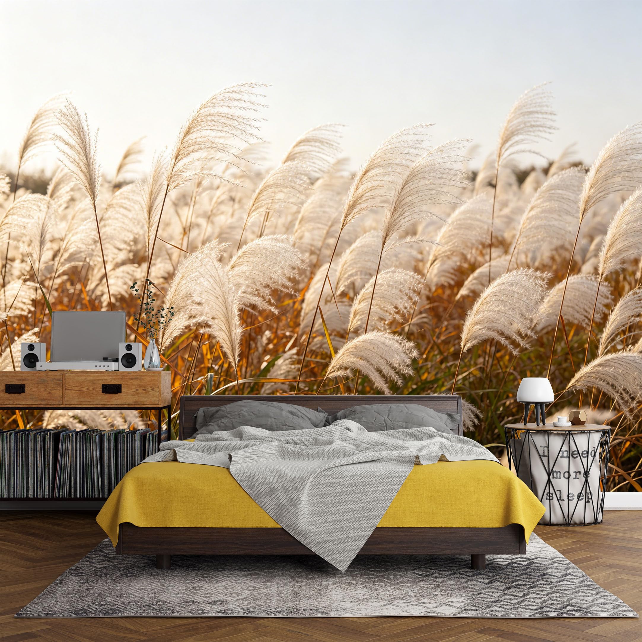 Custom Size Wall Mural， Botanical Pampas Grasses Field Golden Sunset，SelfAdhesive Art Prints wall Fabric (No PVC) Removable Wallpaper Living Room Decor