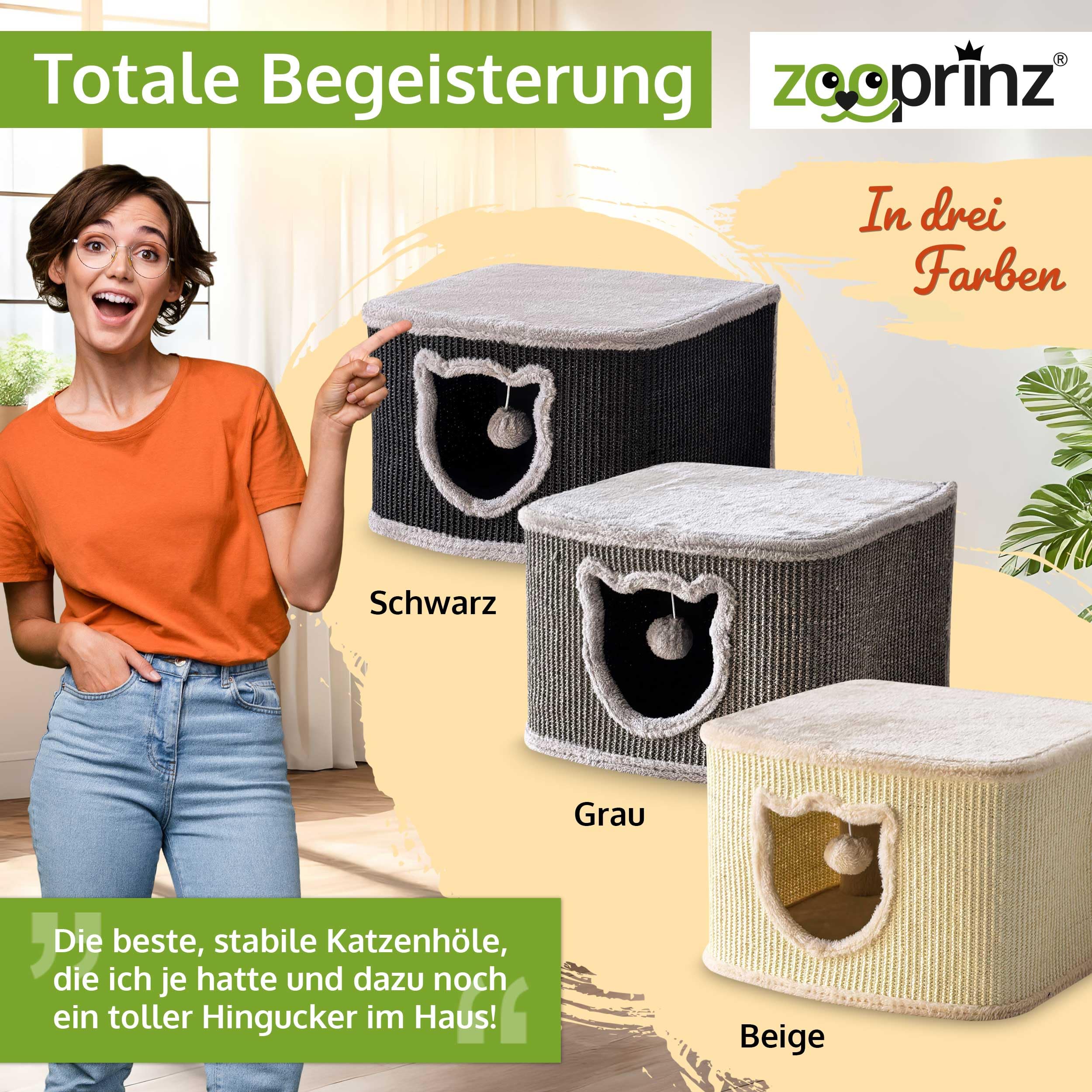 zooprinz Katzenhaus schwarz mit Sisal-Wänden und Plüsch | Katzenkorb und Katzenhöhle mit Spielball, Katzenbox und Katzenkiste im skandinavischen Look
