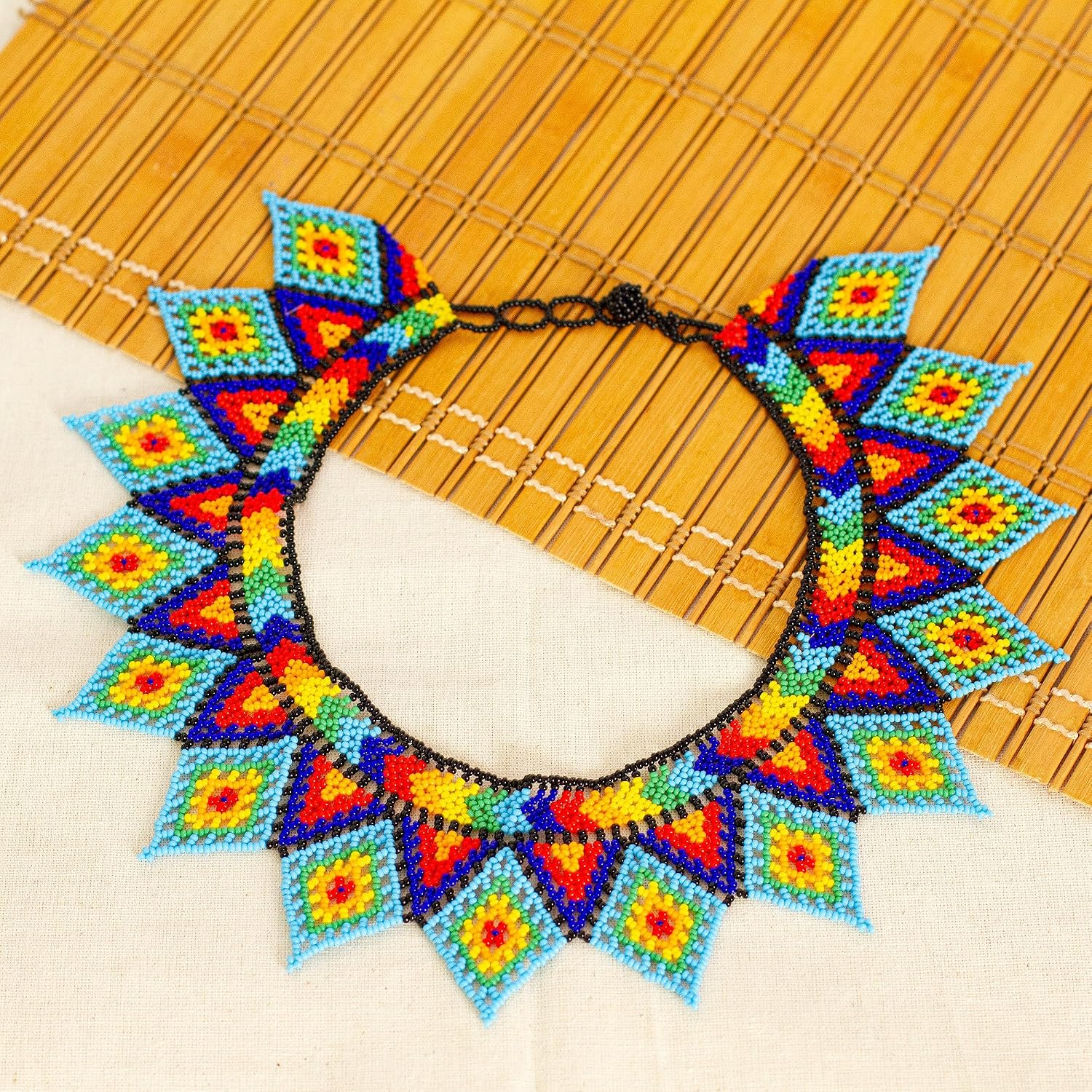 NOVICA Artisan Handmade Glass Beaded Statement Necklace Multicolored Primary Jewel Colors Mexico Geometric Cultural Bohemian [necklace Length 19 in L Pendant(s) 16.25 in L x 2.8 in W Extender 2.2 in ]