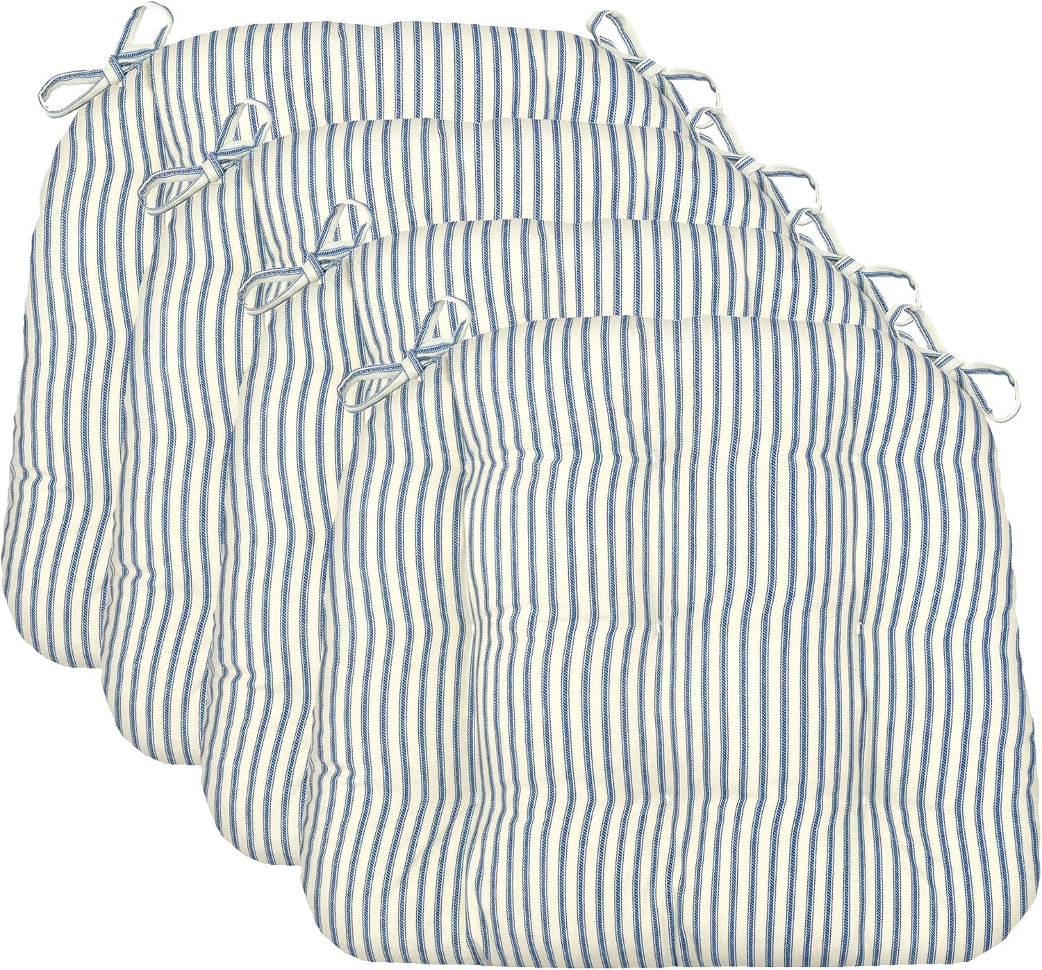 Barnett Home Decor Chair Cushions for Dining Chairs - 15x17 Kitchen Chair Cushions - Machine Washable, 100% Cotton, Made in USA - Latex Foam Chair Pads - Ticking Stripe Navy Blue Small Pack of 4
