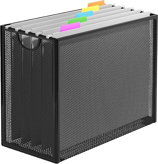 Hanging File Organizer, Letter-Size File Holder with 5 Folders, Modern Metal Mesh Storage Basket, Black and Grey, 12.2 x 9.45 x 5.45 inches