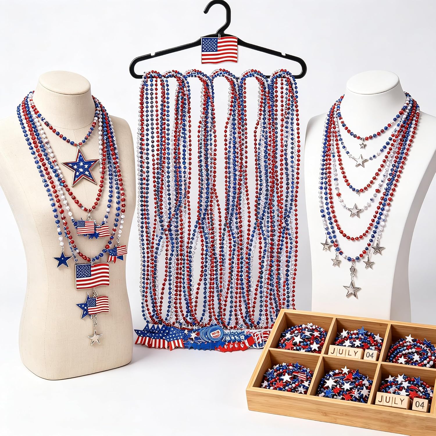 36PCS 4th of July Accessories, Independence Day Bead Necklaces, Patriotic Fourth of July Red Blue White Necklace, Metallic Necklace for Flag Day Parades Party Favors Decorations