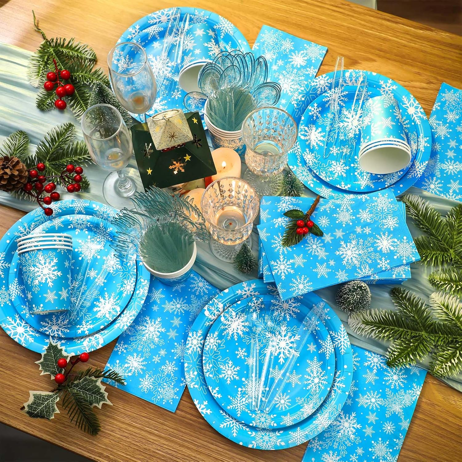 Sinmoe 400 Pcs Winter Dinnerware Set Disposable Winter Plates and Napkins Set Serve 50 Christmas Paper Dinner Plates Napkins Cup Christmas Party Supplies for Holiday(Blue,Frozen Snowflake)