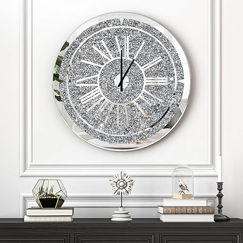SHYFOY Reloj de pared de diamante triturado, reloj de pared redondo de lujo de 24 pulgadas con cristal de espejo, números romanos elegantes,