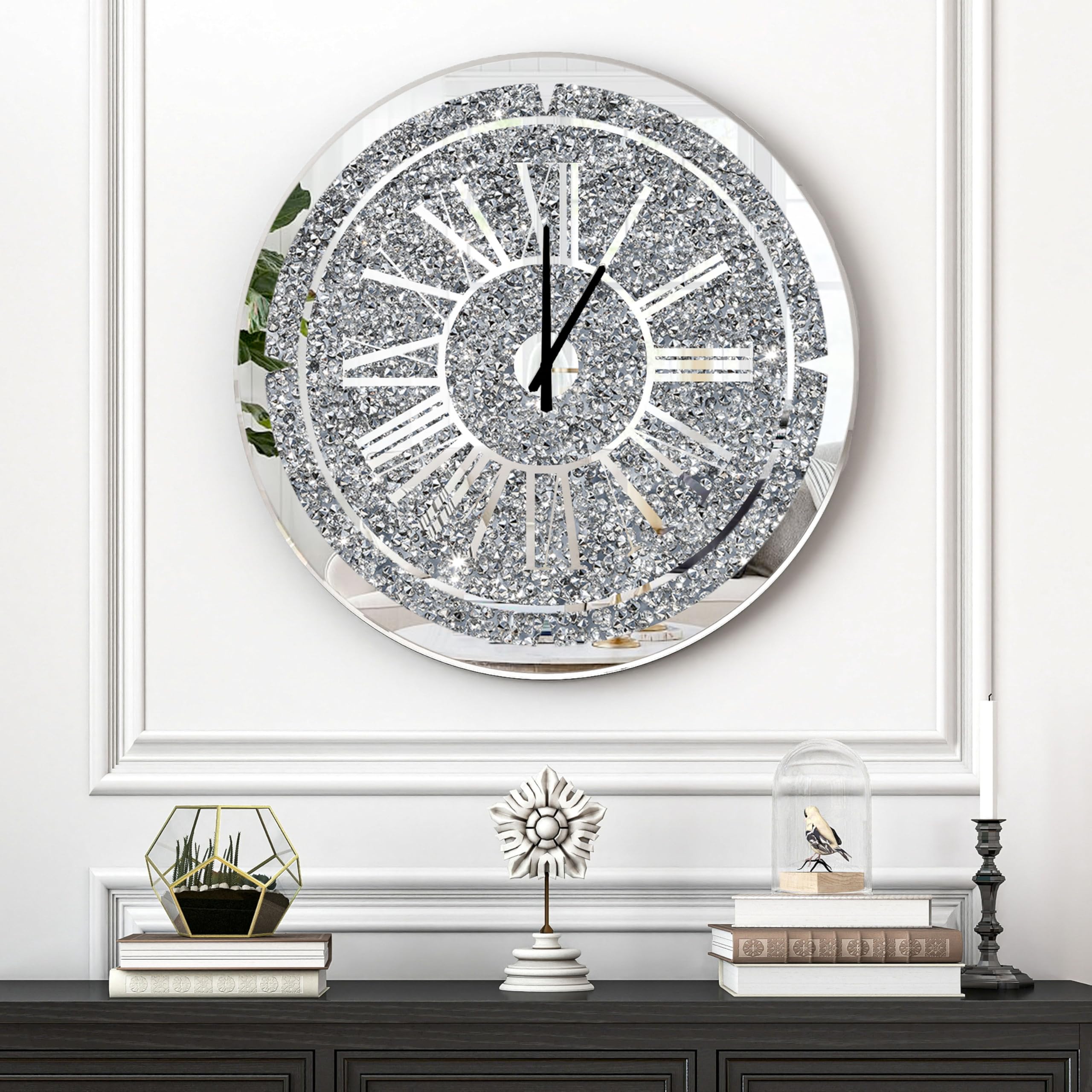 Horloge murale en diamant écrasé 61 cm avec miroir de luxe et élégants chiffres romains