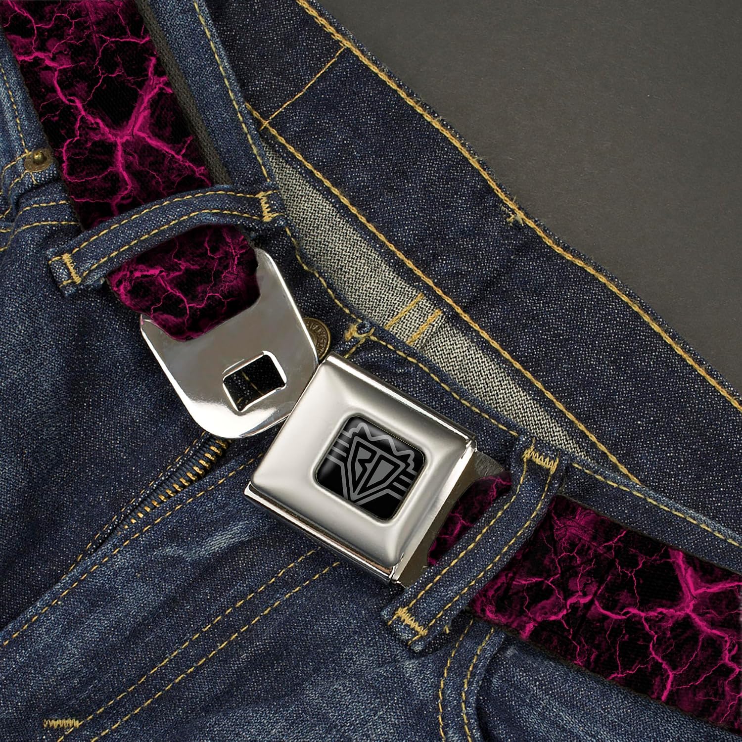 Buckle-Down Belt, Seatbelt Buckle Belt, Marble Black Hot Pink, Adjustable