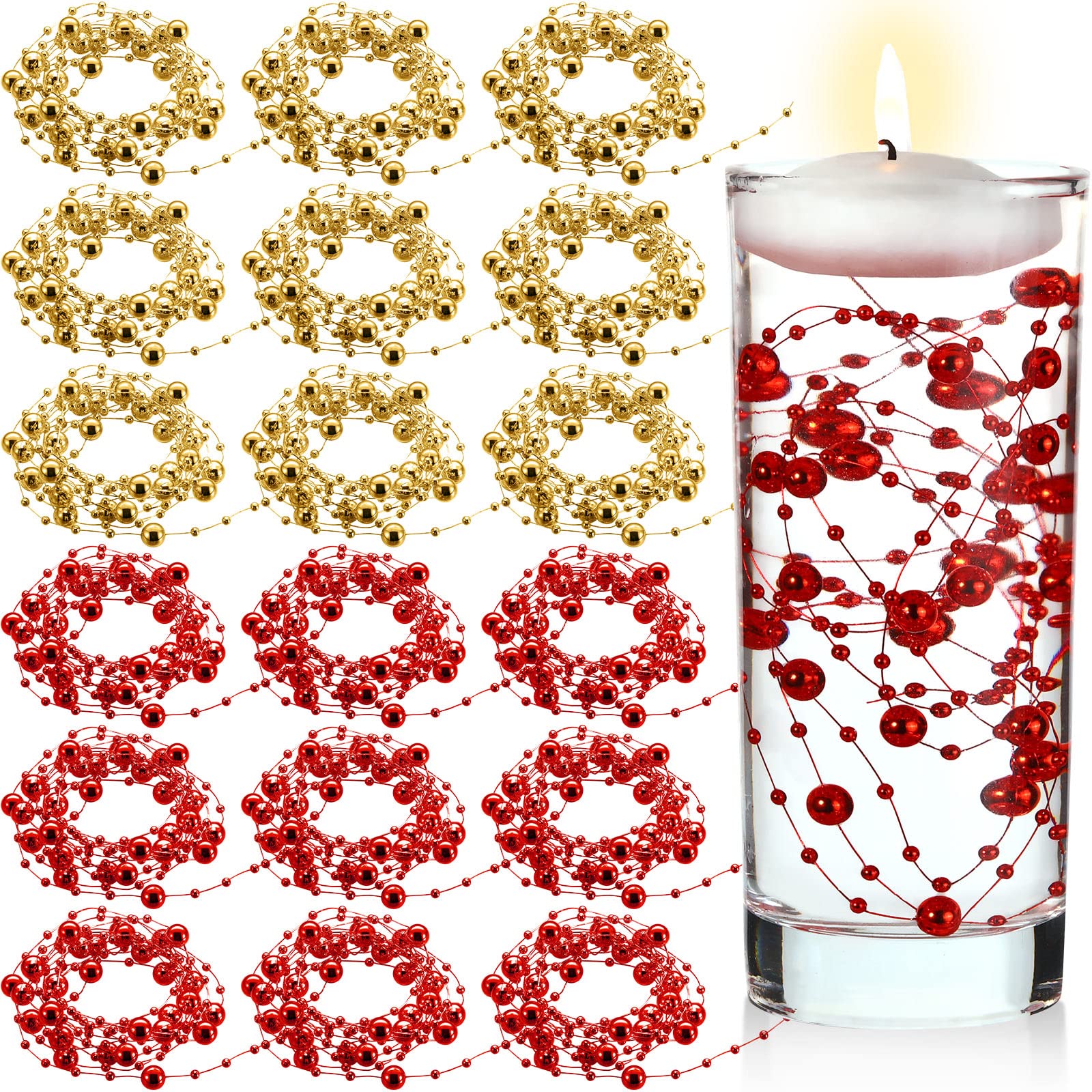 Hicarer157 Feet 24 Strings Pearl String for Floating Candles Highlight Faux Pearl as Vase Filler Ideal for Wedding Party Garland Home Table Centerpieces Decor(Red, Gold)