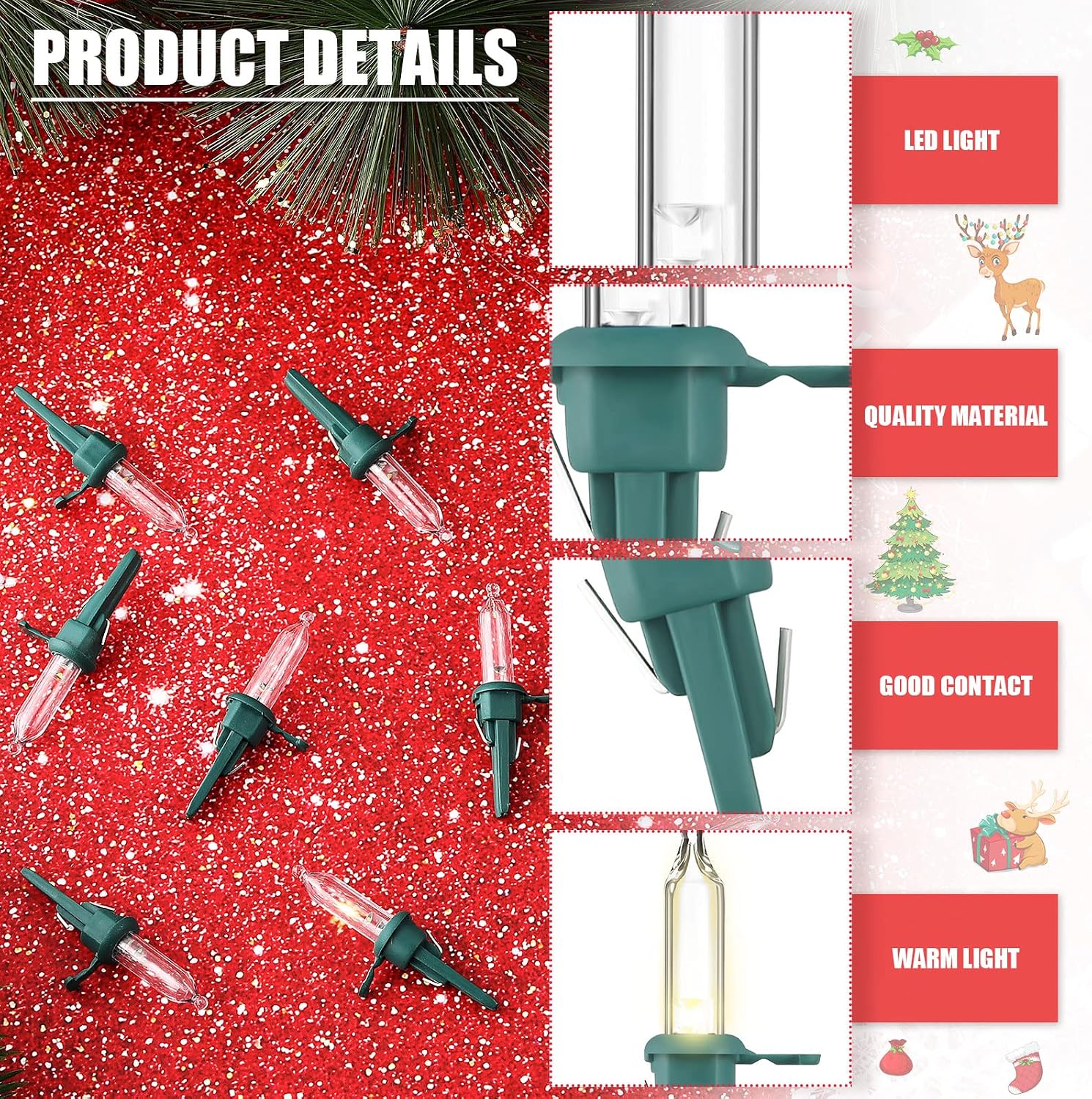 Riakrum 50 Pcs Christmas Replacement Mini Light Bulb 3 Volt 0.06 Watt Christmas Tree LED Light Bulbs Warm White Xmas Lights with Green Base for Party Holiday Indoor Outdoor Supplies image 3