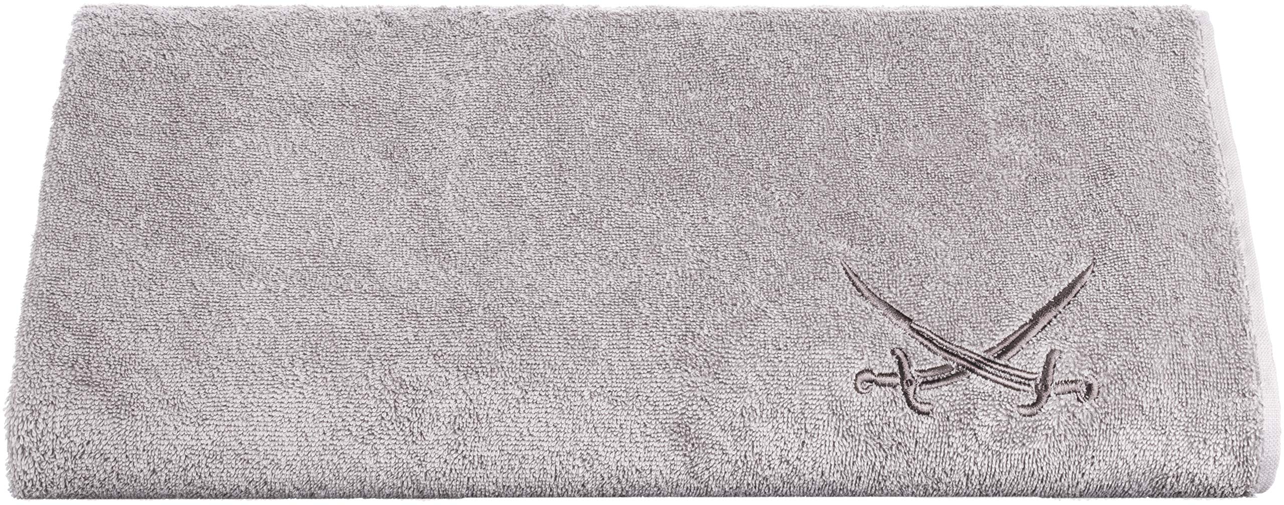 Sansibar Badetuch 90x180 cm – saugstarkes Strandtuch/Saunatuch aus Baumwolle – Oeko-TEX zertifizierter Frottee – Sylt-Design mit gesticktem Säbel-Logo – Silber