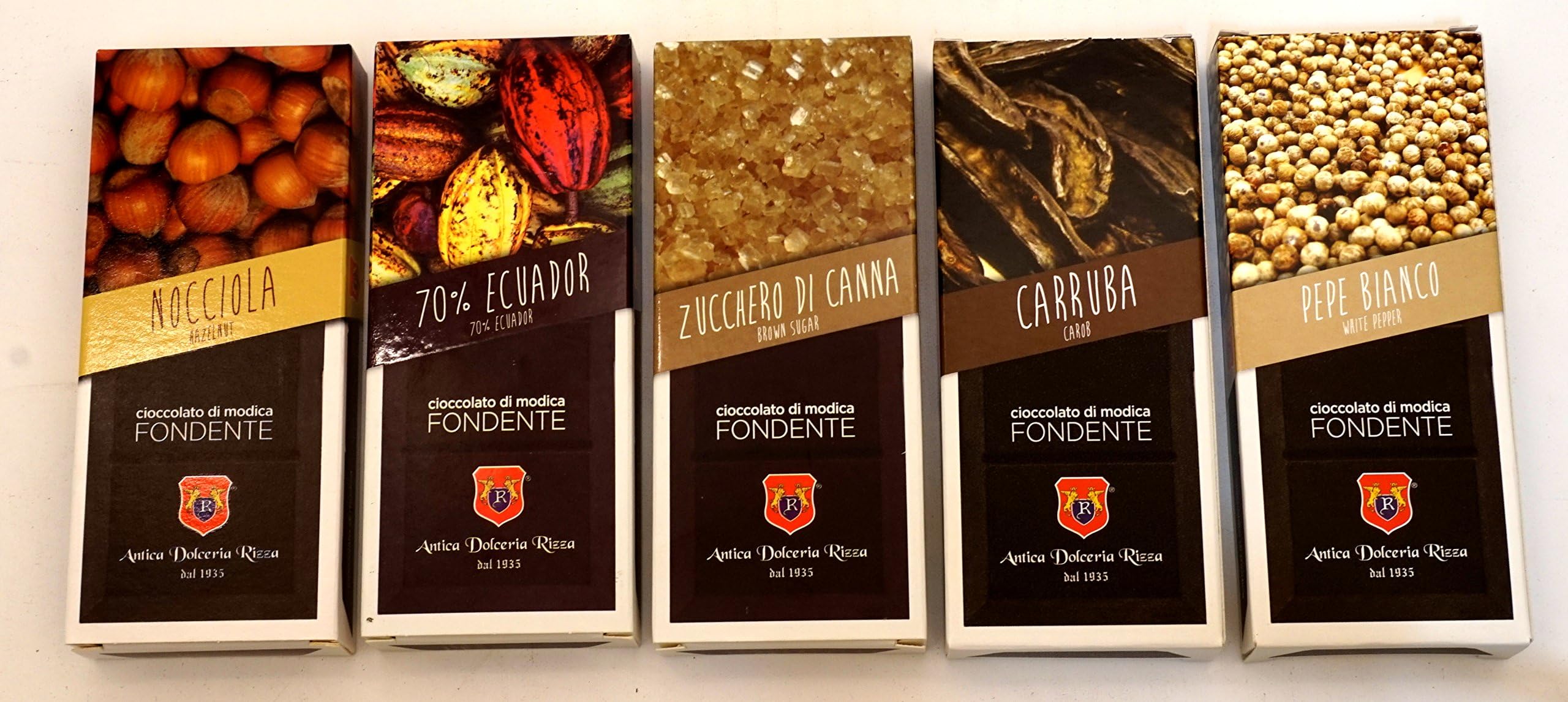 Antica Dolceria Rizza: Modica Chocolate, Set of 5 Different Flavors (70% Ecuador, Brown Sugar, Carob, Hazelnut, White Pepper) - 100g Each