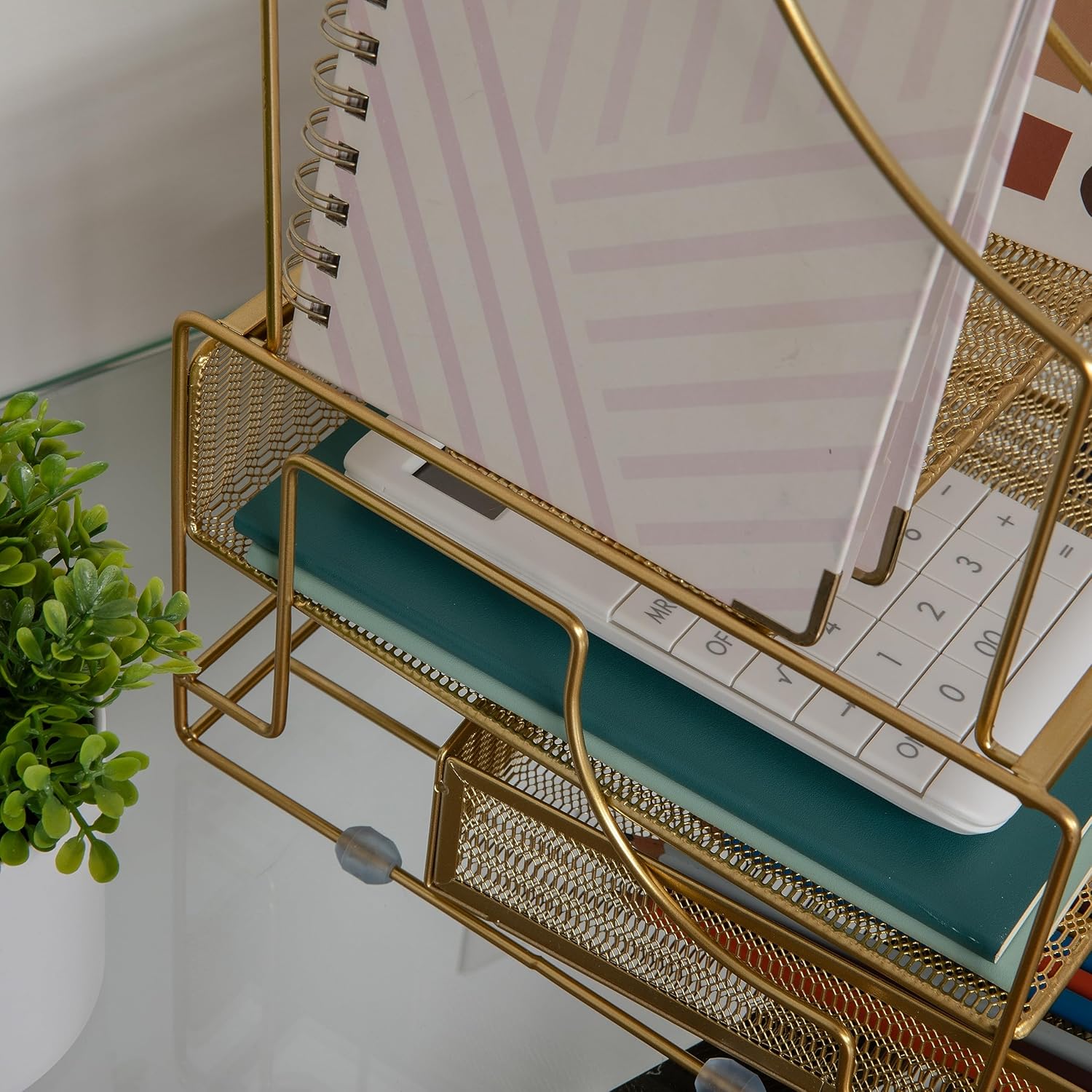 Martha Stewart Ryder Gold Mesh Metal Large Desktop Organizer With Paper File Letter Holder Organizer and Drawer