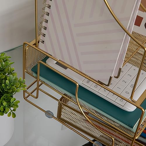 Miniatura 8 de Martha Stewart Ryder - Organizador de escritorio grande de metal de malla dorada con archivador de papel, organizador y cajón