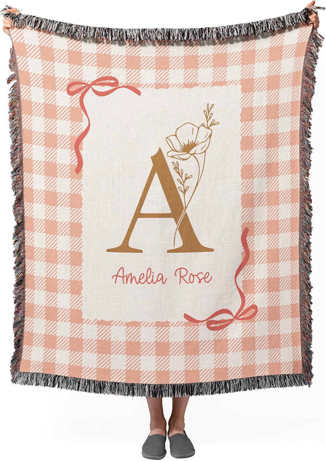 Personalized Cotton Baby Blanket Custom Woven Tapestry Monogram Throw for Nursery Kids Pastel Gingham with Childs Name (Blush, 52" x 37" Small)