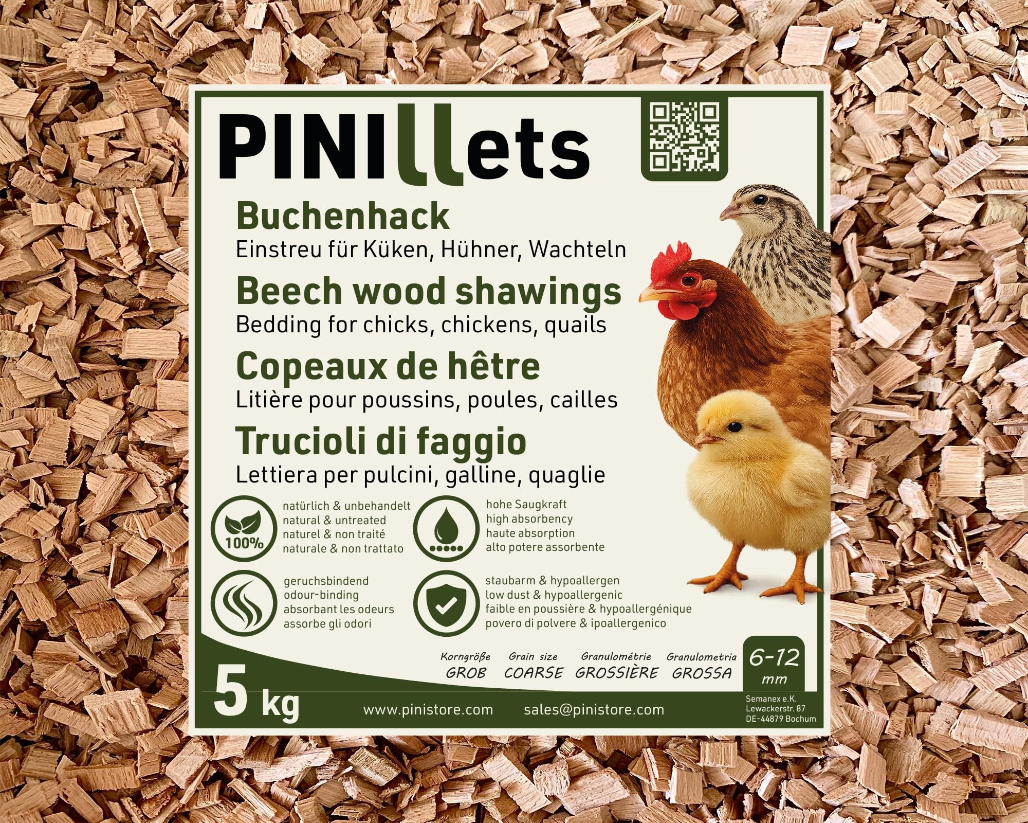 Litière pour poussins et cailles PINI Buchenhack pour un poulailler propre au quotidien