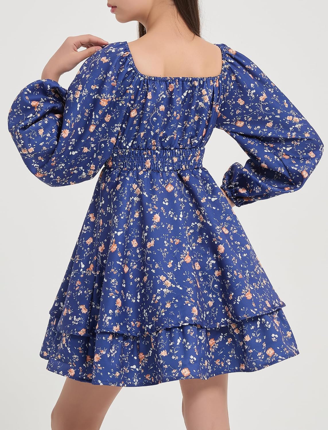 EXARUS Girls Long Sleeve Dress Floral Square Neck Spring Casual Flowy Mini Tiered Smocked Waist Ruffle Dresses Teen