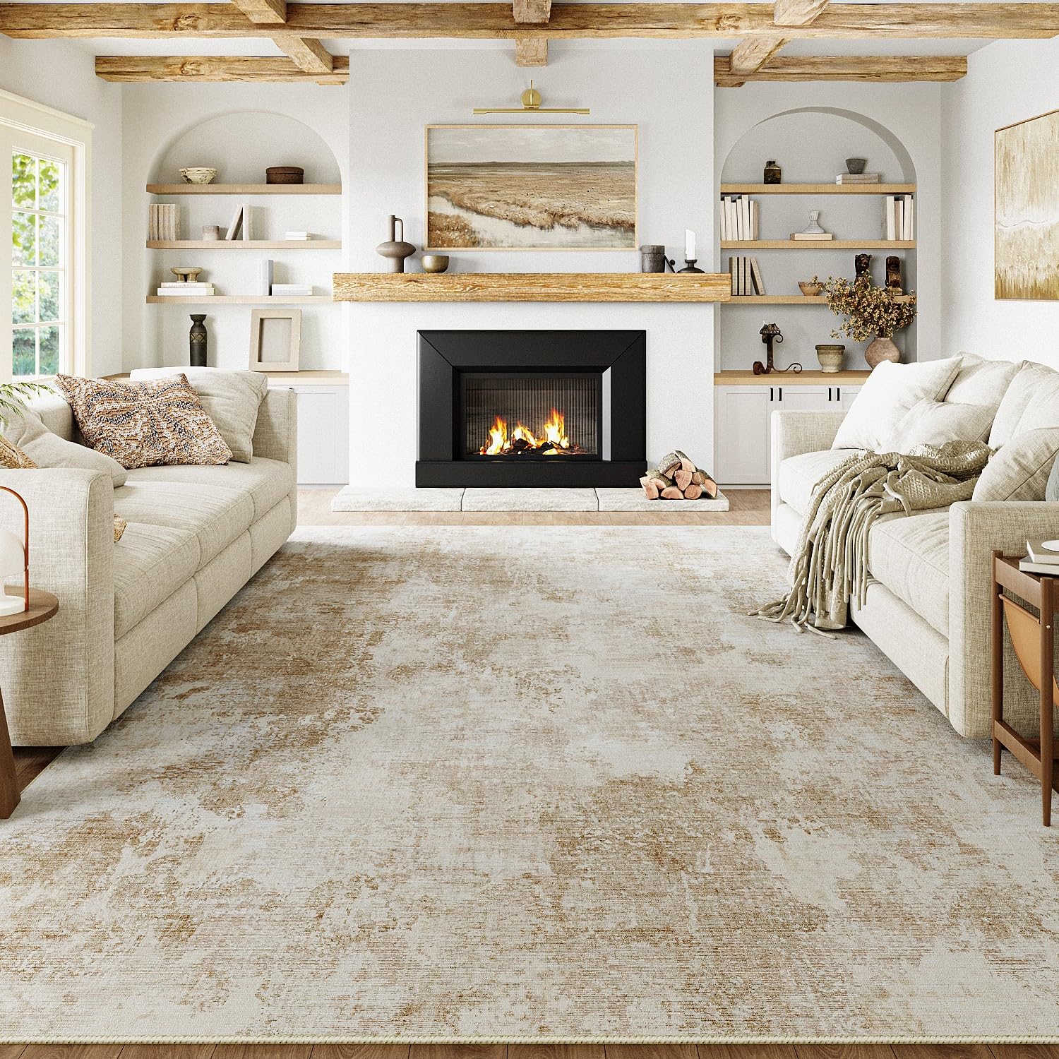 Machine Washable Area Rug 5x7 Modern Taupe Living Room Rug Non Slip Bedroom Rug Kitchen Mat Low Pile Carpet Abstract Distressed Throw Rug for Entryway Dining Room Nursery Bathroom