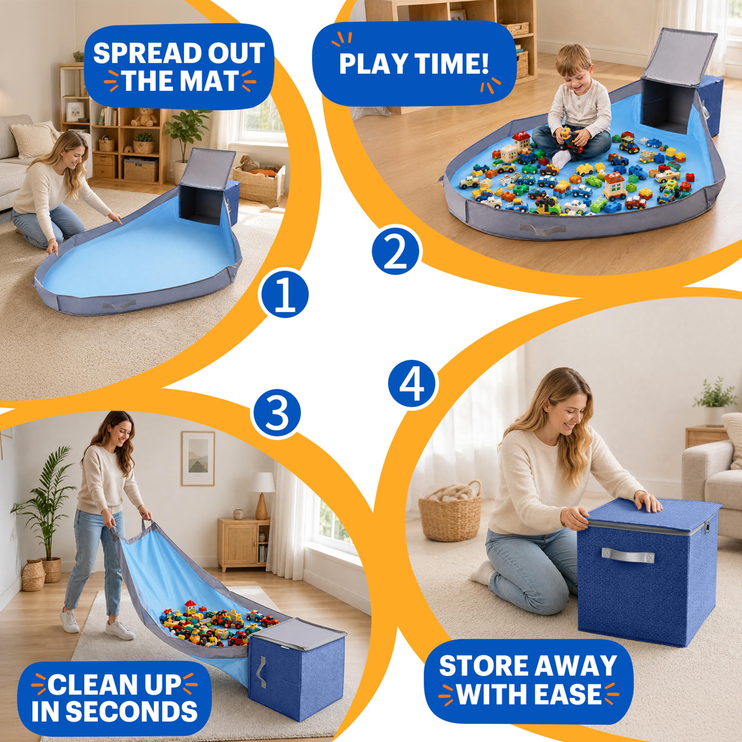 SAM AND MABEL Spielzeug-Aufbewahrungs-Organizer mit Spielmatte für Kinder, 33 x 33 x 33 cm, stapelbare und faltbare Körbe für Spielzimmer, Kindergarten für Jungen und Mädchen (Edelblau)