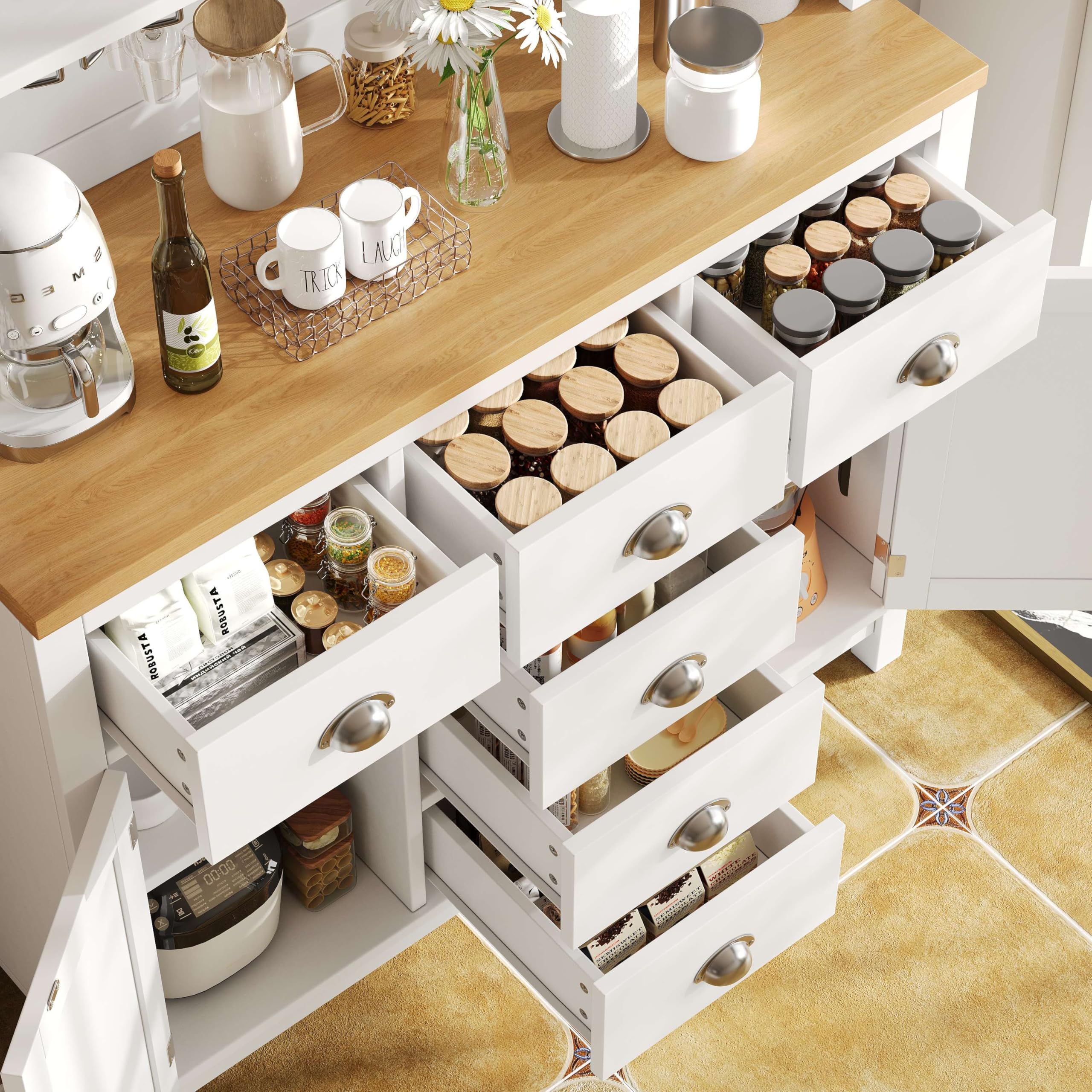 Seitenboard/Aufbewahrungsschrank/Küchenschrank/Buffetschrank, 104x40x180cm, Landhausstil, 4 Türen, mit LED-Lichtleiste & Getränkehaltern, Weiß