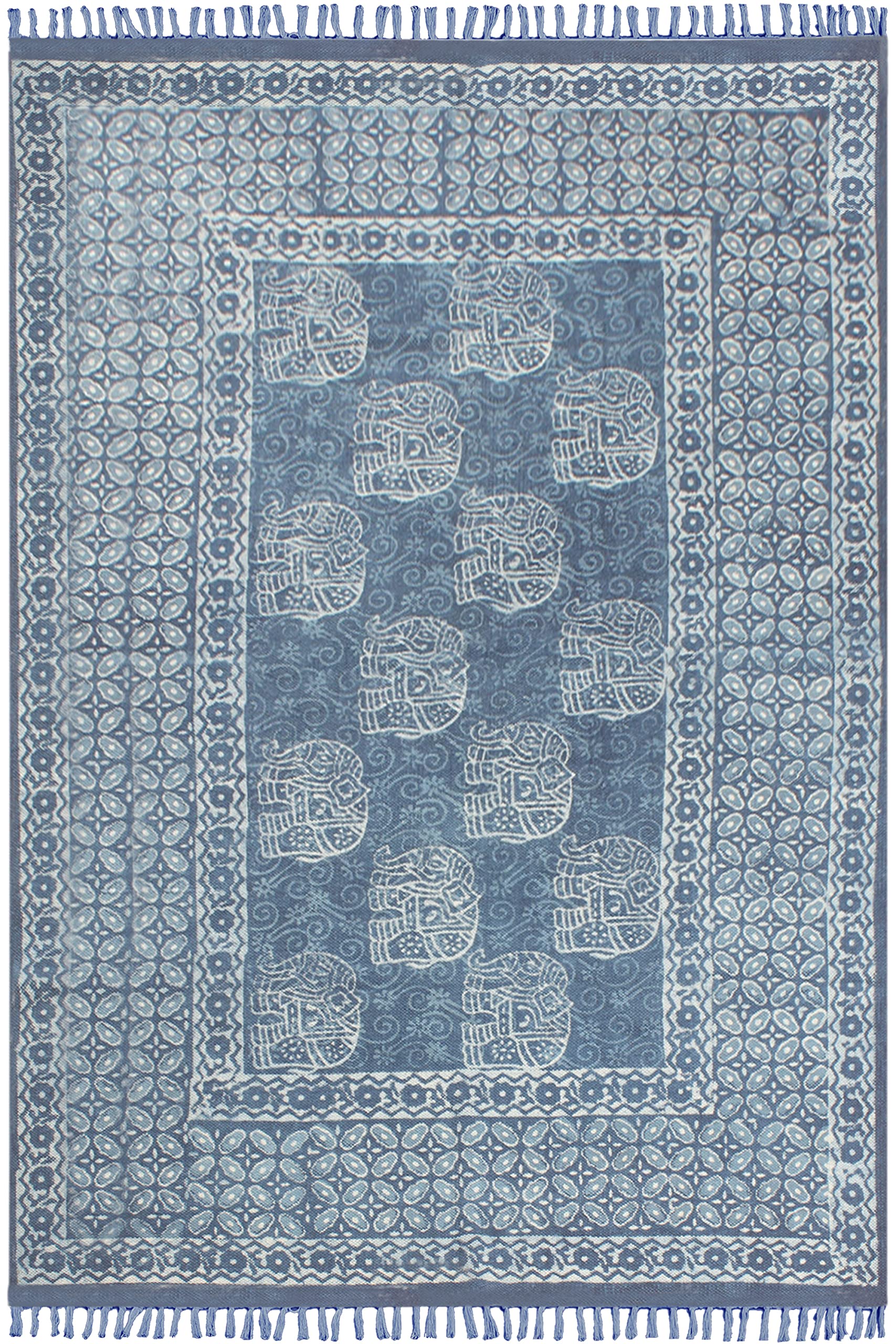 Tappeto Dhurrie Kilim realizzato a mano in cotone stampato Dabu blu indaco Tappeto per interni e soggiorno a trama piatta, adatto per camera da letto e bagno, 120 x 120 cm