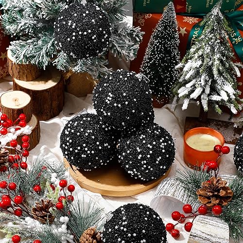 Vista 11 de Lyrow Juego de 24 adornos de bolas de Navidad con purpurina de 4 pulgadas, bolas de Navidad a granel, adornos colgantes de espuma de lentejuelas
