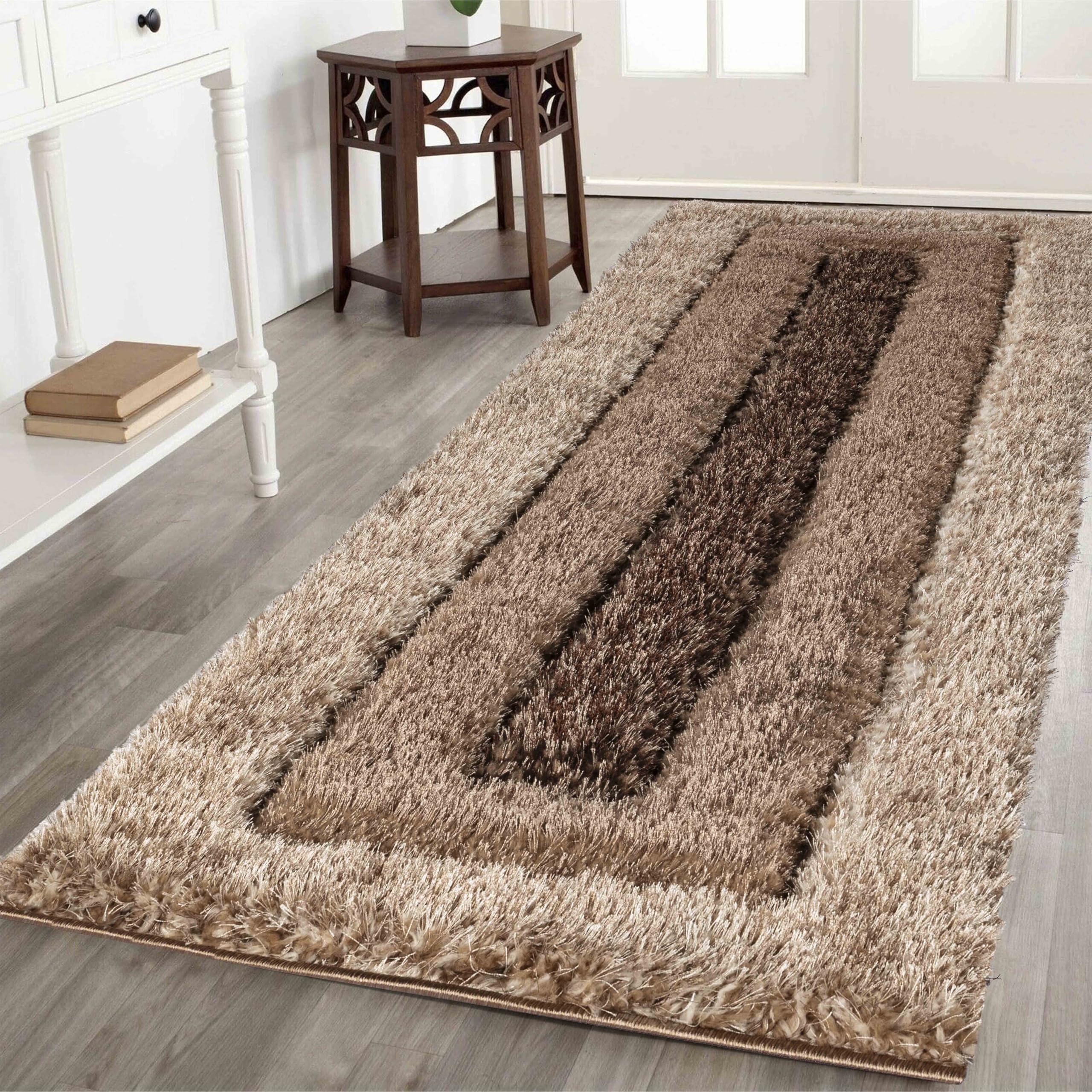 Serdim Rugs Modern Soft Bordered Design Hand Carved Shiny Shimmer Living Room Polyester Shaggy Rugs, Bronze, 60x220cm (2" x7'3)