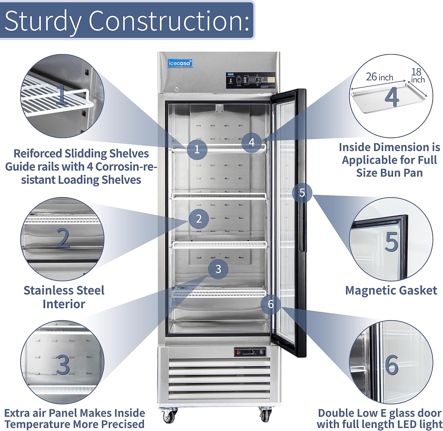 ICECASA 27" W Commercial Display Refrigerator Single Glass Door Merchandiser Reach-in 23 Cu.ft Stainless Steel Display Refrigerator Fan Cooling for Restuarant, Bar, Shop, etc