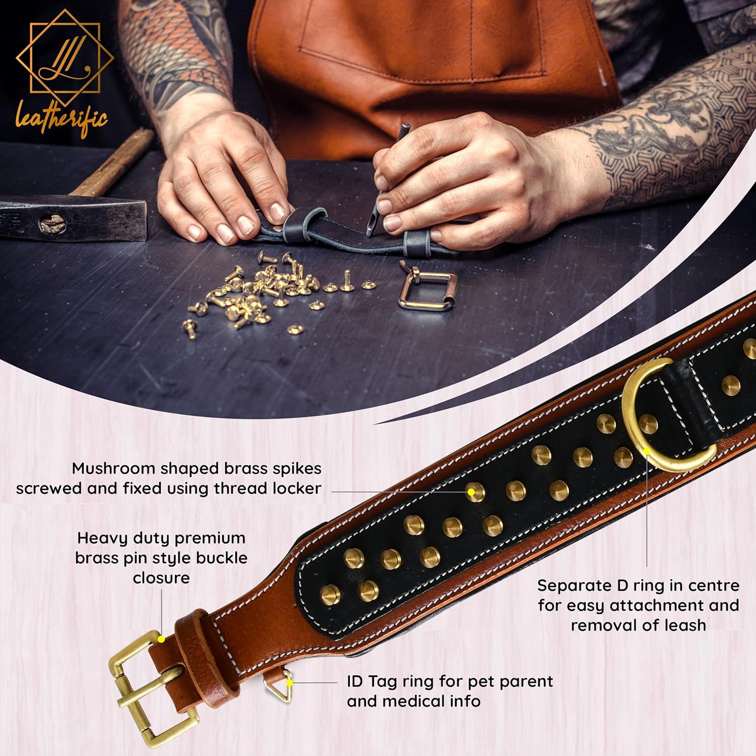 Spiky Series Heavy Duty Spike Dog Collar | Premium Genuine Bridle Leather, Padded, Strong, 2" Wide, for Large Breeds, Black Brown Charcoal, L fits Neck 18" to 22"