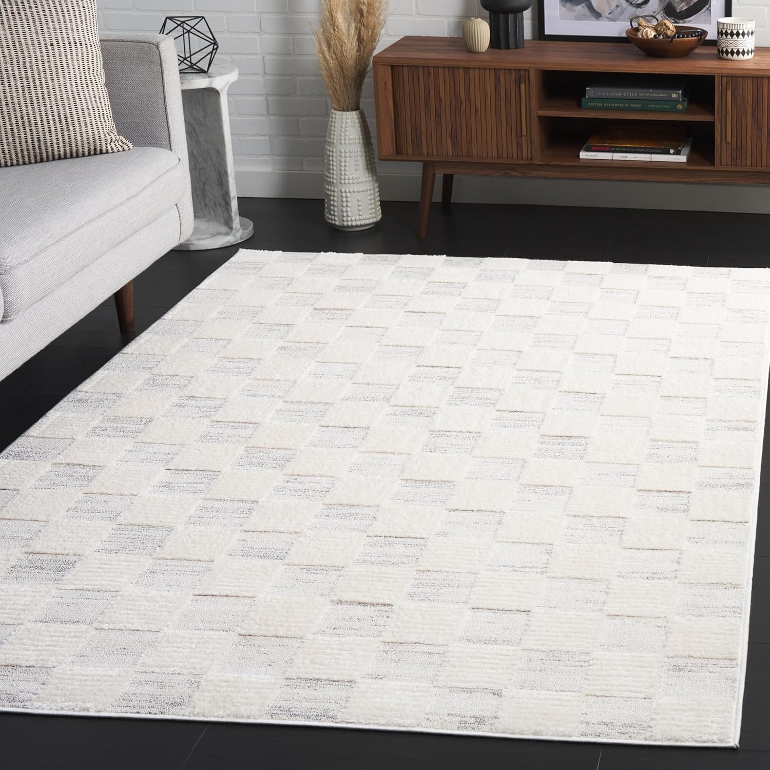SAFAVIEH Elmhurst Collection Area Rug - 9' x 12', Ivory & Grey, Checkered Design, Non-Shedding & Easy Care, Ideal for The Living Room, Dining, Bedroom (ELH560A)