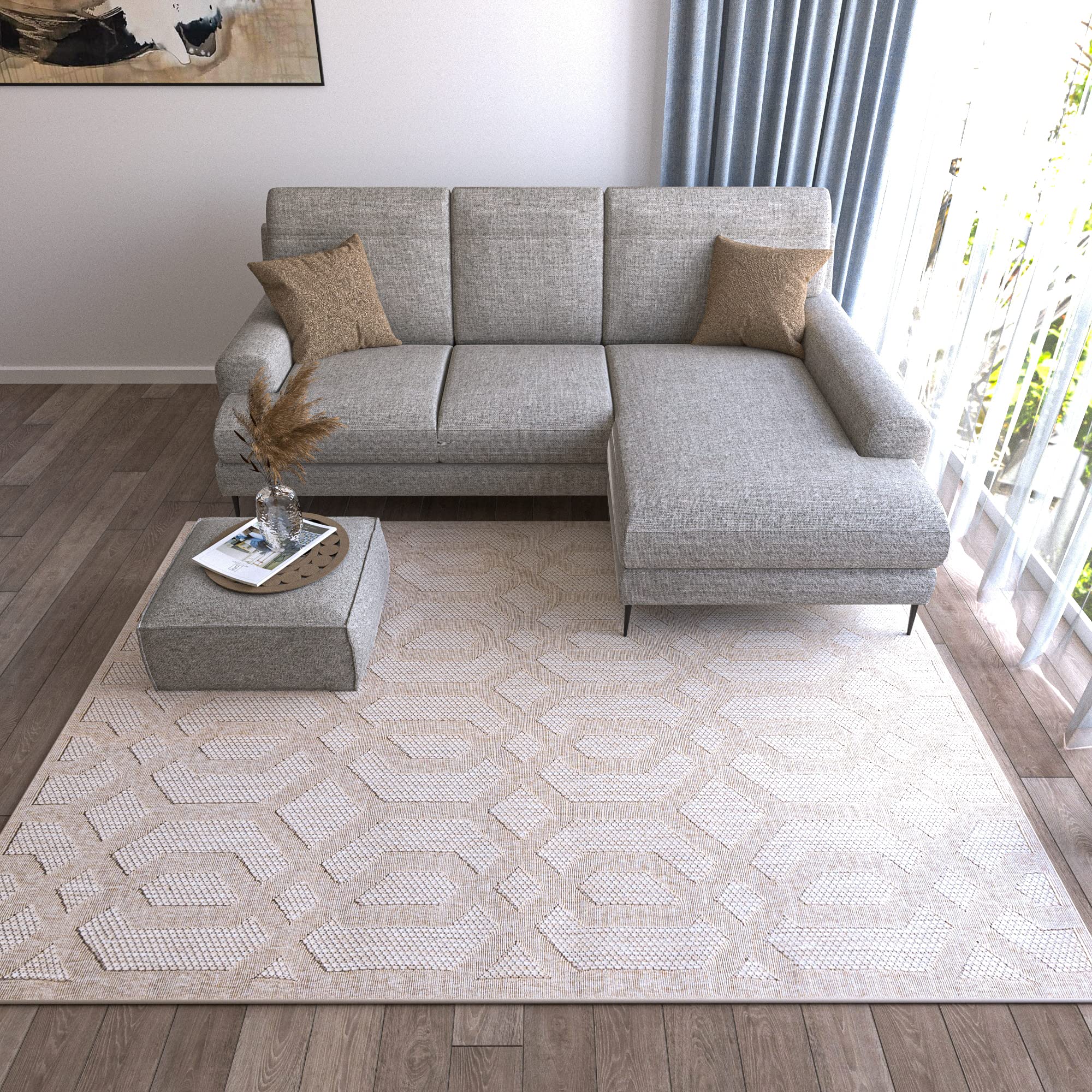 Mazovia Tappeto da Esterno Balcone 80x150cm Crema Geometrico Pelo Corto | Tappeto da Giardino per Terrazza Beige Resistente Alle Intemperie Facile da Pulire Resistente All'acqua Robusto Sintetico