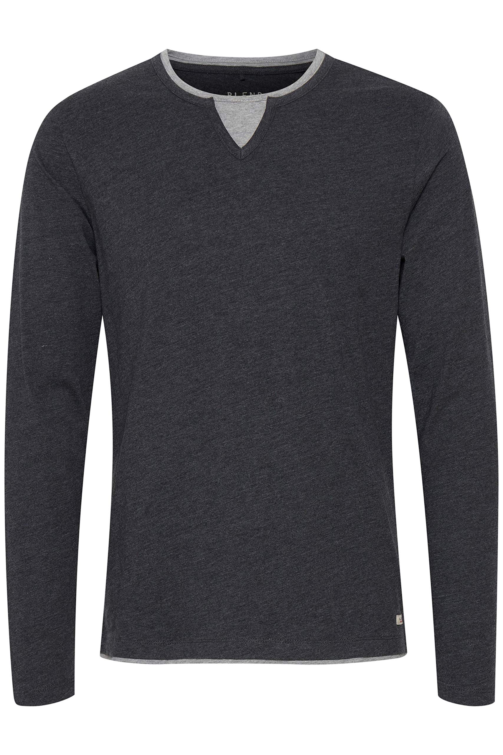 Blend BHLeonas Herren Longsleeve Langarmshirt Shirt mit Rundhals-Ausschnitt Double Layer V-Neck Look Baumwollmischung Regular fit