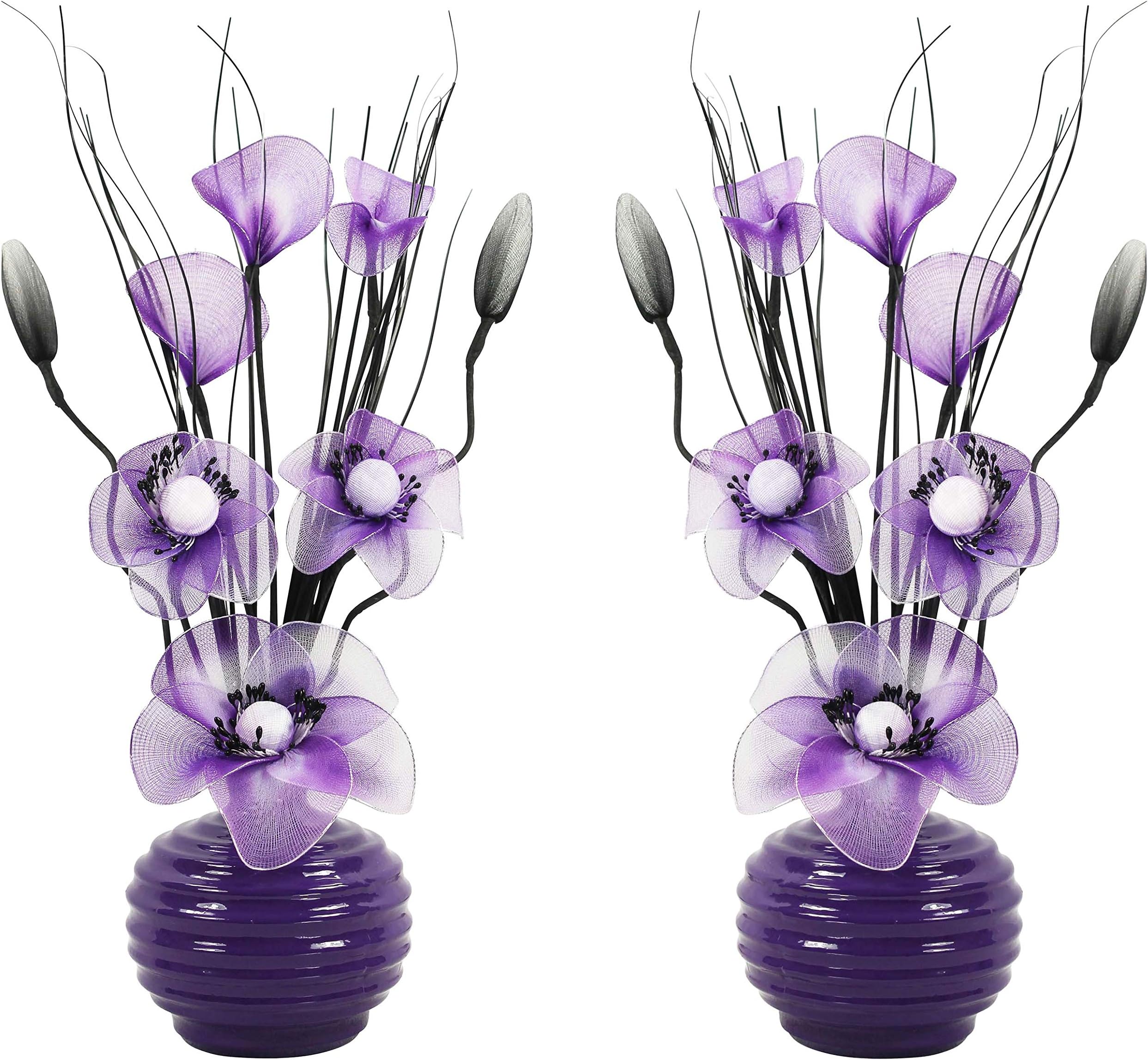 Matching Pair of Purple Vases with Purple and White Artificial Flowers, Ornaments for Living Room, Window Sill, Home Accessories, 32cm