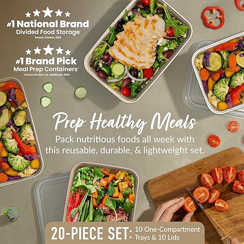 Miniatura 2 de Bentgo Prep - 20 piezas de contenedores reutilizables para preparación de comidas con 1 compartimento y tapas, materiales libres de PFAS y BPA