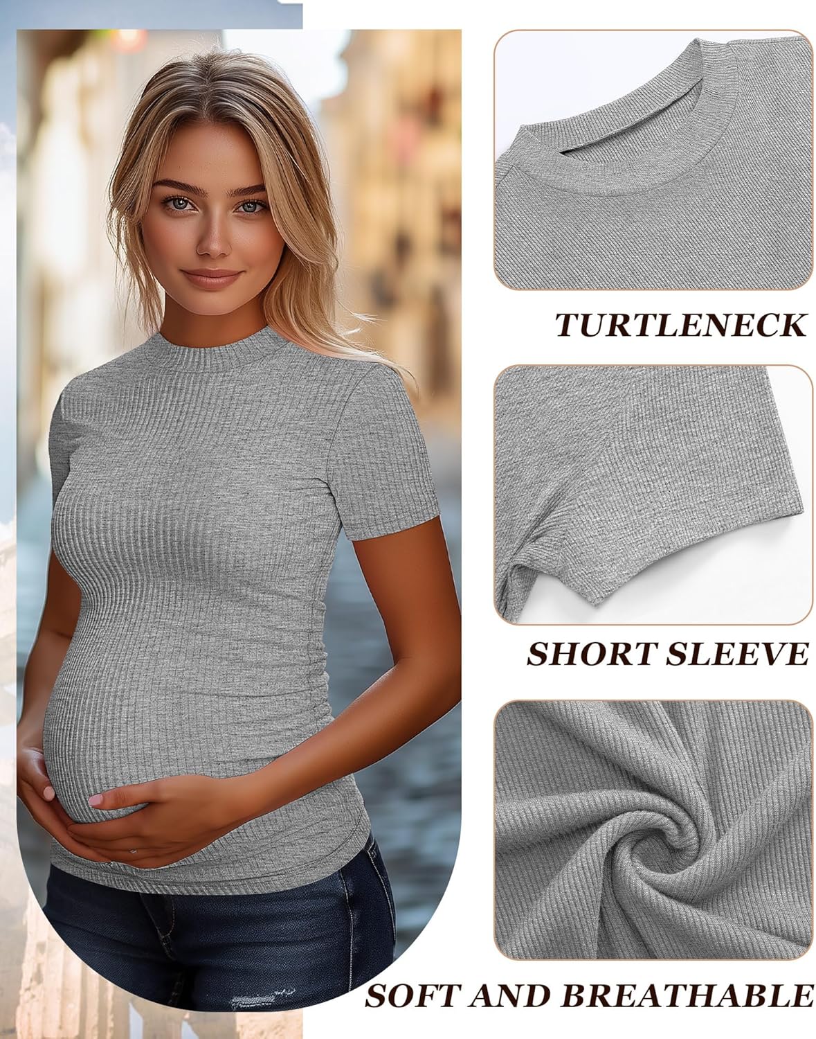 Ficerd 3 Pack 92% Cotton Ribbed Maternity T-Shirts for Women, Mock Turtleneck Side Ruched Slim Short Sleeve Pregnancy Tops - Image 6