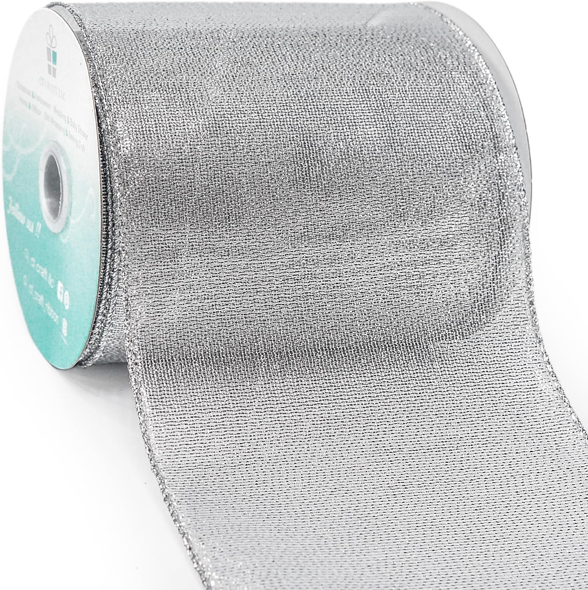 CT CRAFT LLC Silver Metallic Wired Ribbon - 4" x 10 Yards x 1 Roll for Christmas Home Decor, Gift Wrapping, Bow Making, Wreath, DIY Crafts