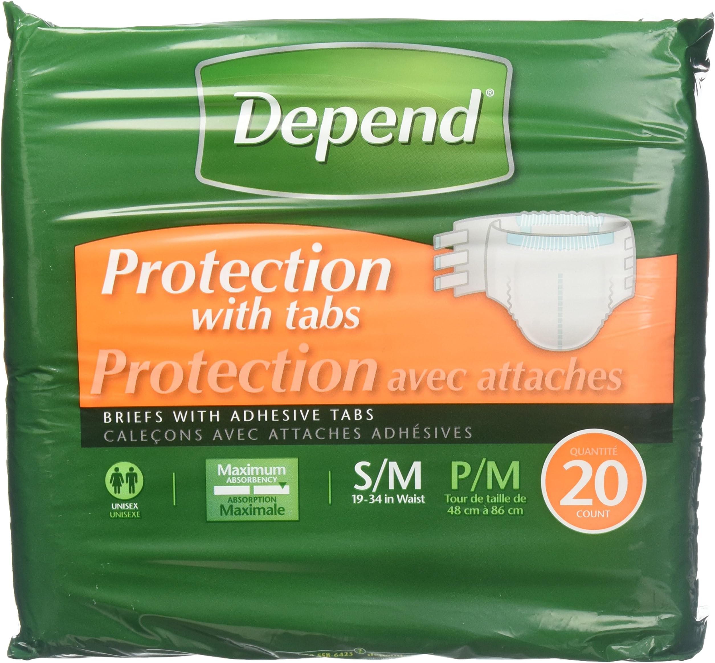 Depend Protection with Tabs, Maximum Absorbency, Small/Medium, Case/80 (4/20s)