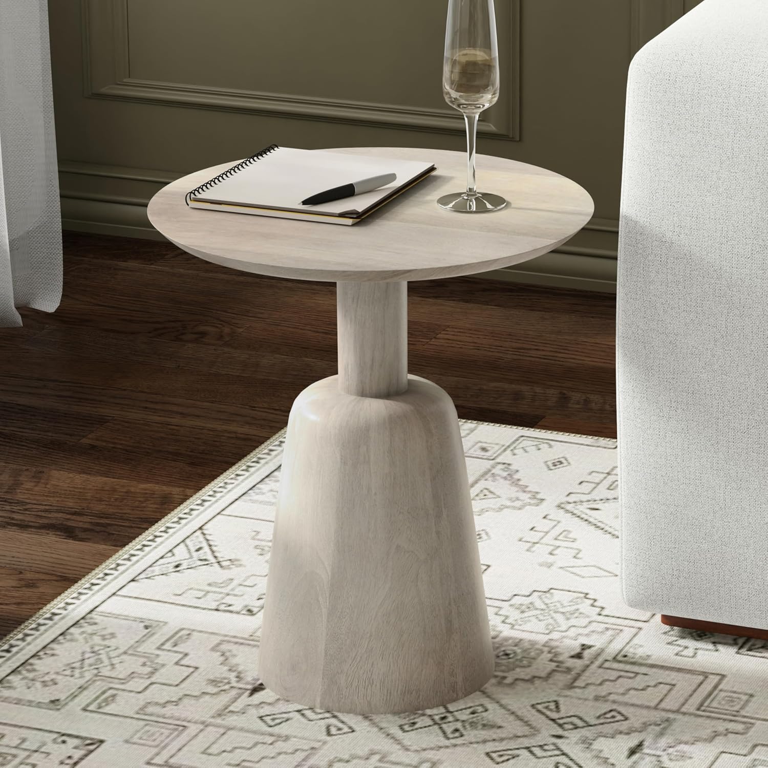 SIMPLIHOME Finchley End Table - 18 inch Wide Solid Mango Wood Round Accent Table with Tapered Pedestal Base in White Wash, Contemporary Nightstand or Lamp Stand for Living Room or Bedroom, Assembled